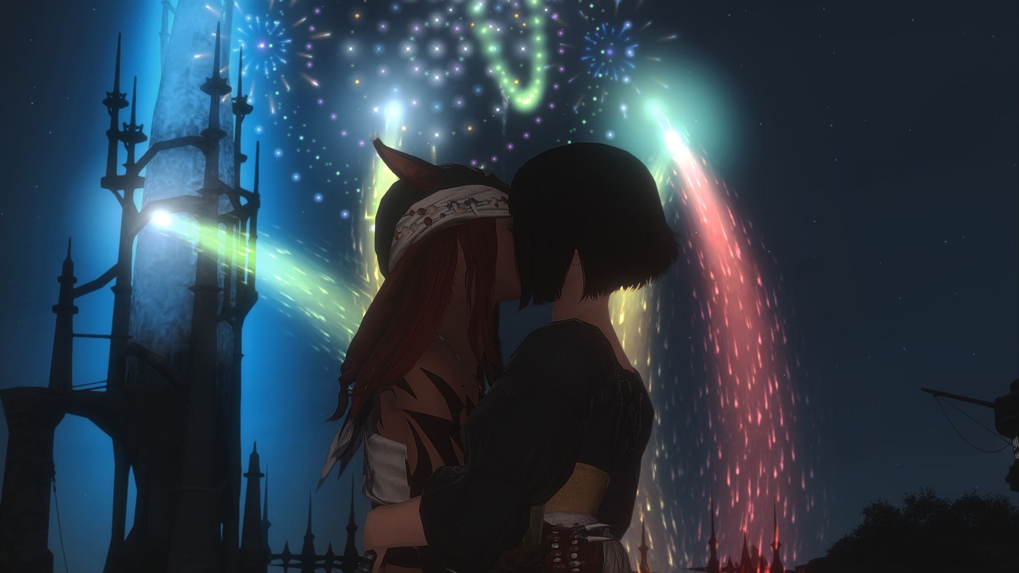 V'kebbe the Stray and Tsubame Oshidari kiss under the fireworks in Limsa Lominsa for The Rising.