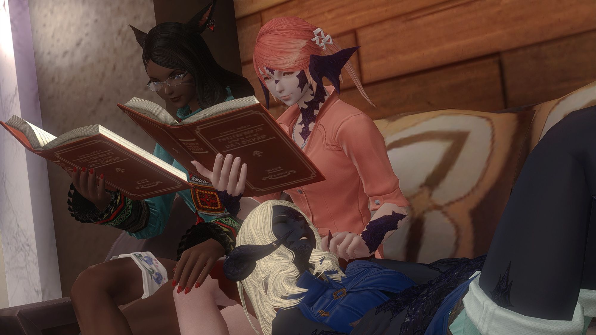 Myriana and Cirina read on a couch while Sadu lays her head in Cirina's lap, sleeping. Cirina is fidgeting with the tip of one of Sadu's horns.