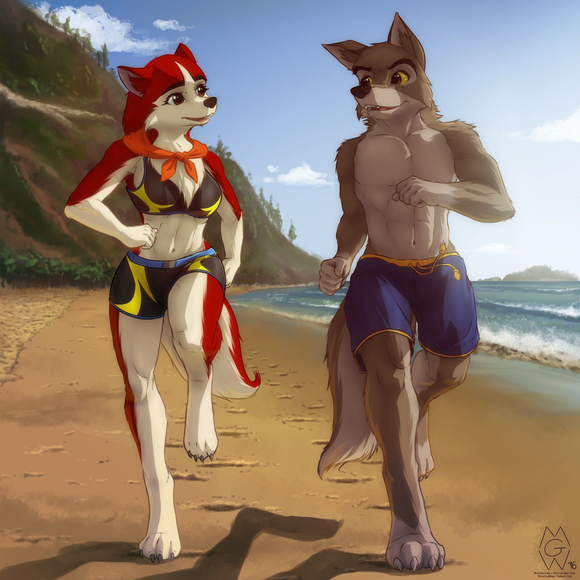 Anthro versions of Balto and Jenna from the animated movie "Balto", jogging on a beach wearing activewear.