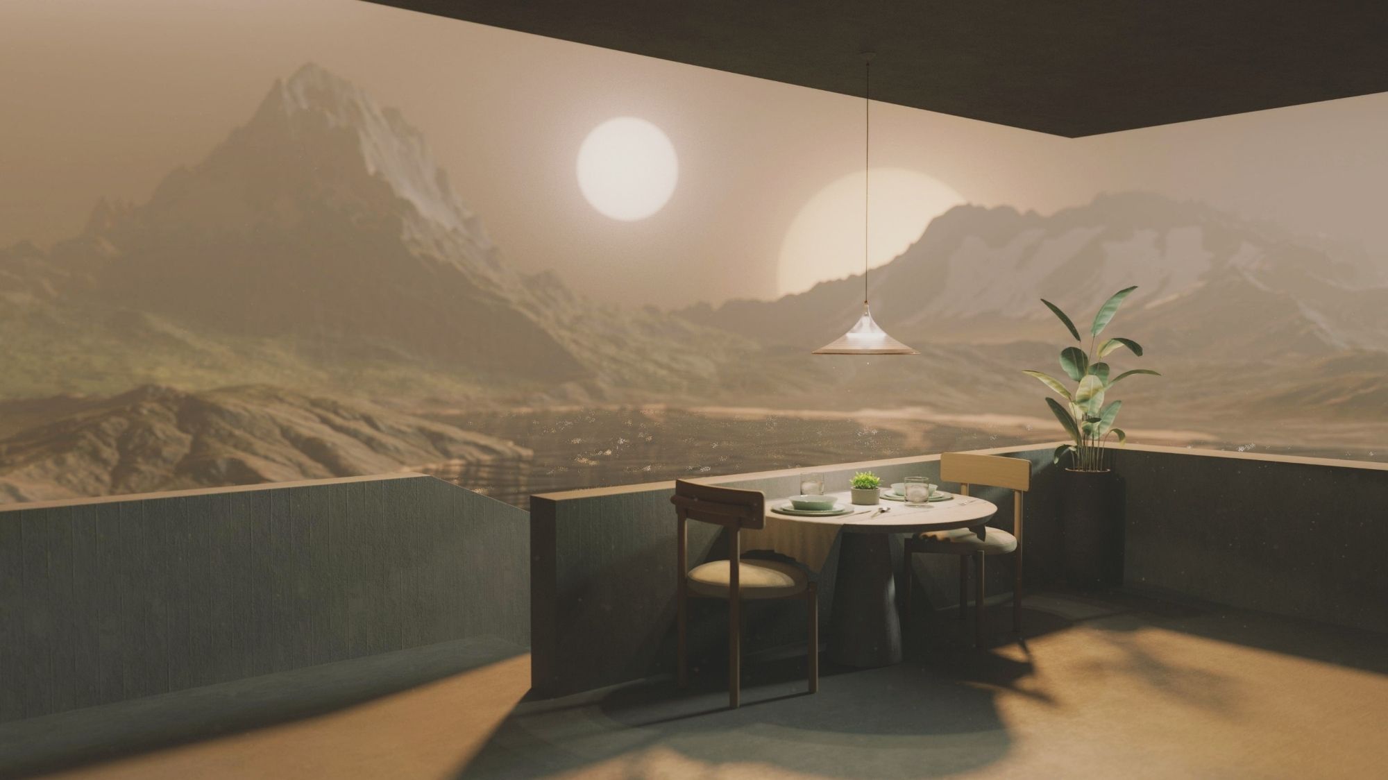 An open space overlooking a valley. Two suns are setting behind the mountains, a lake cast strange reflections.
The concrete building is bare, except a table with two chairs and a tall plant. Plates are set up but are empty.