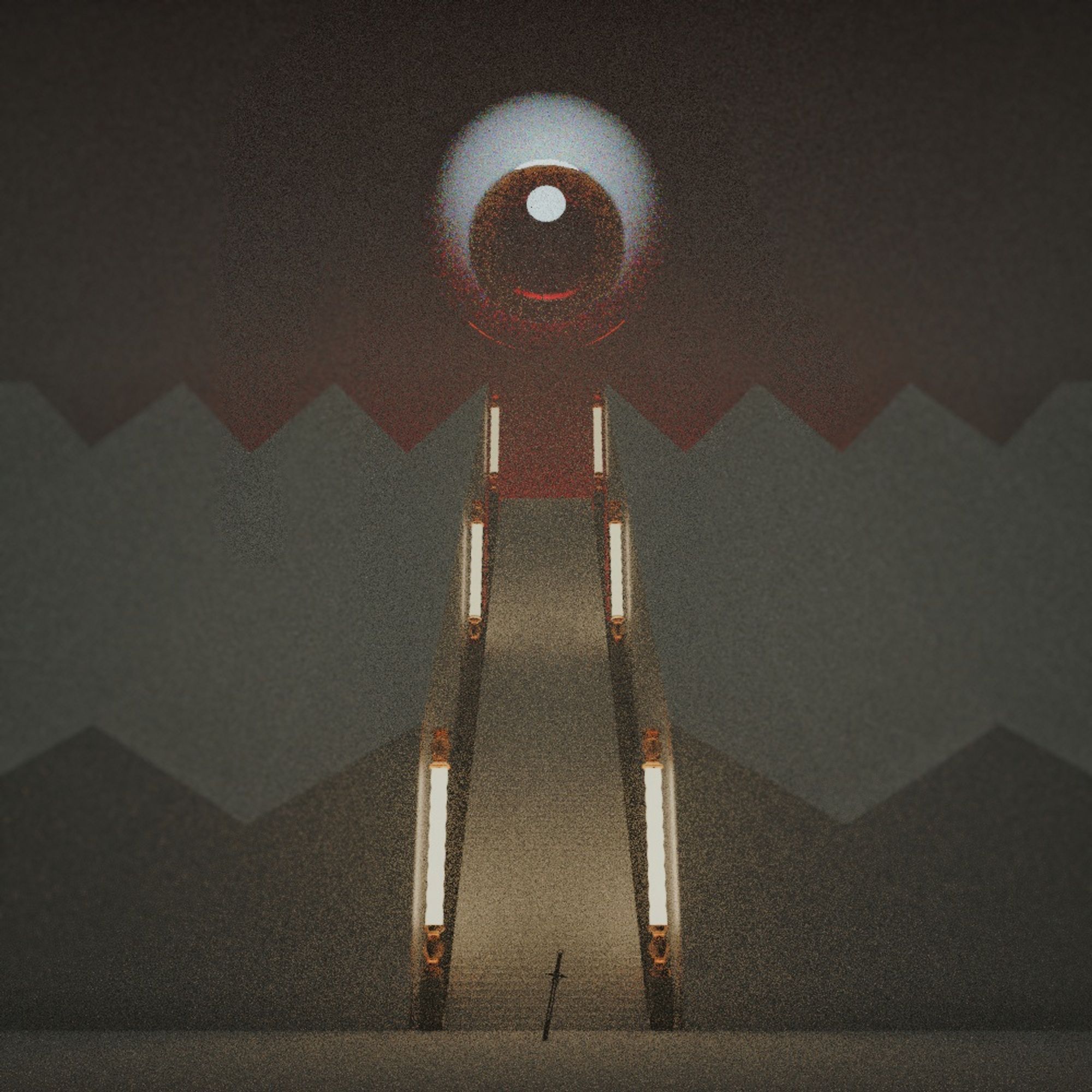 A gigantic eye floating in the sky above a tall staircase. A red light glow behind the eye, itself looking at the sword shoved in the ground at the bottom of the stairs.