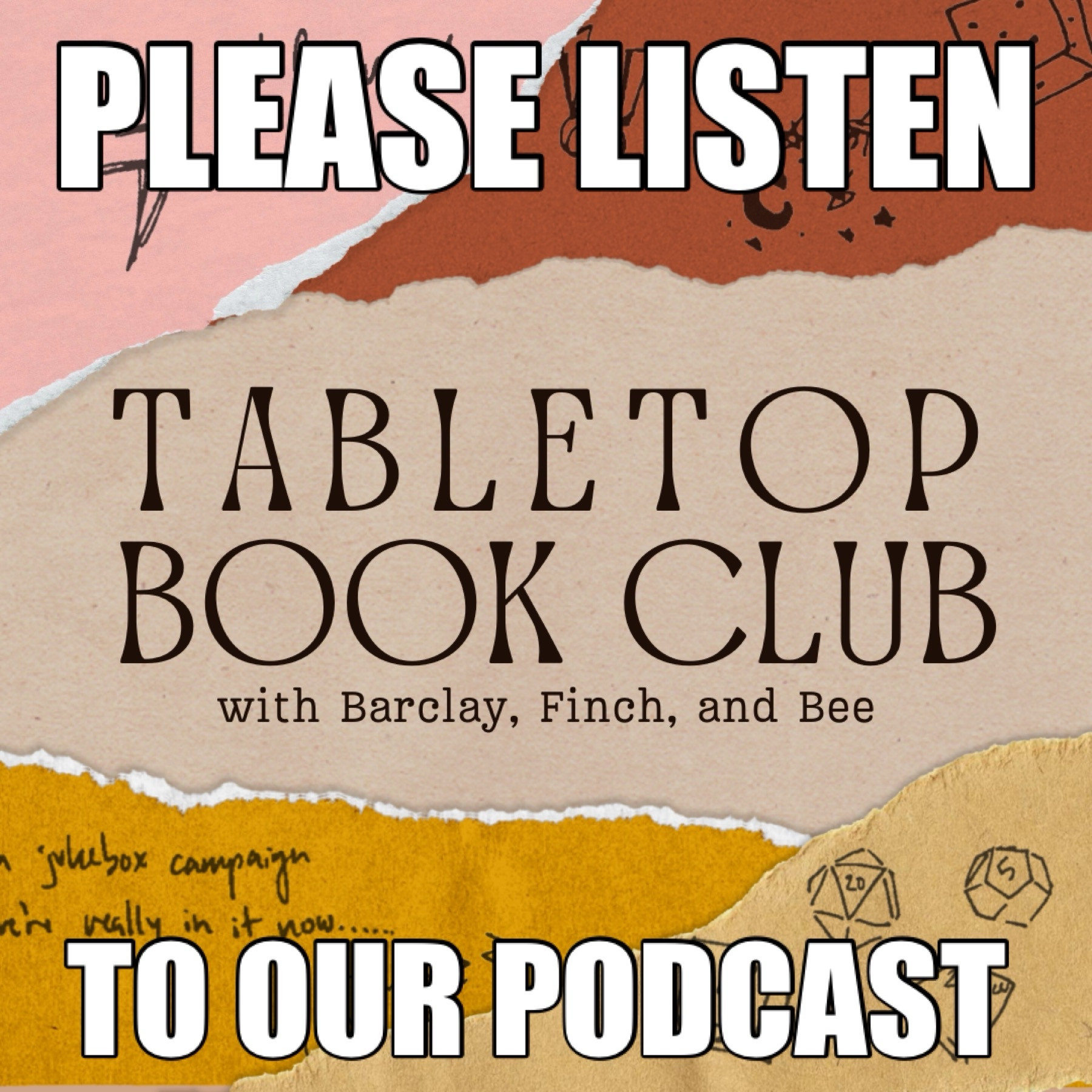 the tabletop book club logo with top text reading “PLEASE LISTEN” and bottom text reading “TO OUR PODCAST”