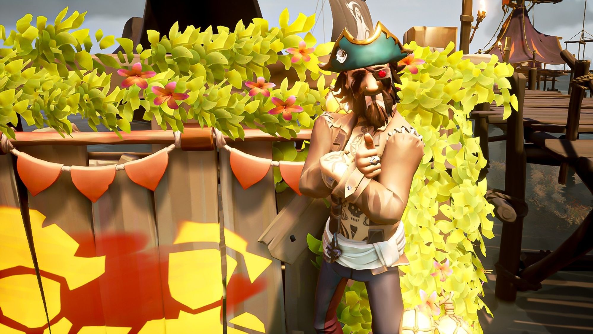 My pirate standing on the community wall doing thumbs up white my ships sail is seen behind me