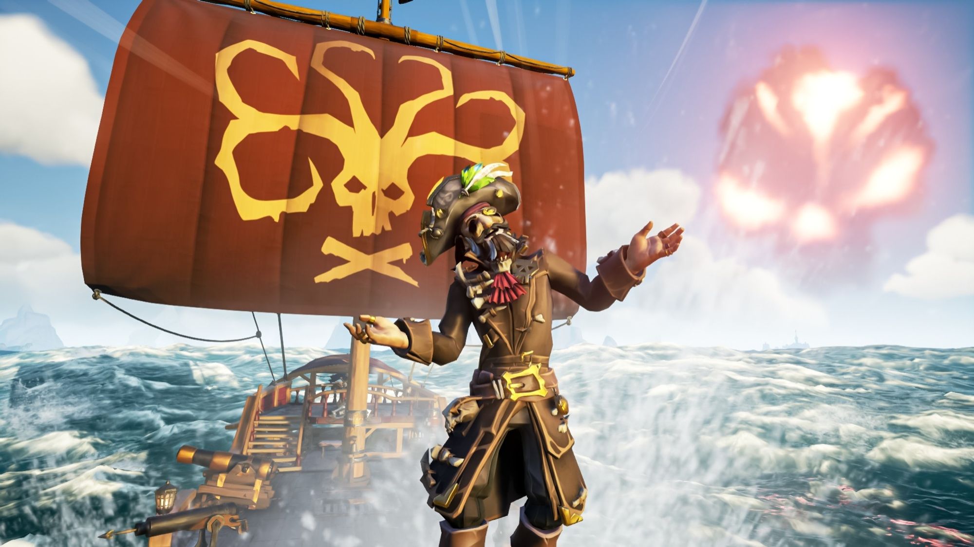 Me in sea of thieves dressed up in very fancy pirate attire while on a ship with lord guardian sails, red sails with a big kraken on. Standing at the tip of the ship where watee splash, i hold out my hands like tadaa and to the right on the sky is a flaming skull cloud, a fort of fortune