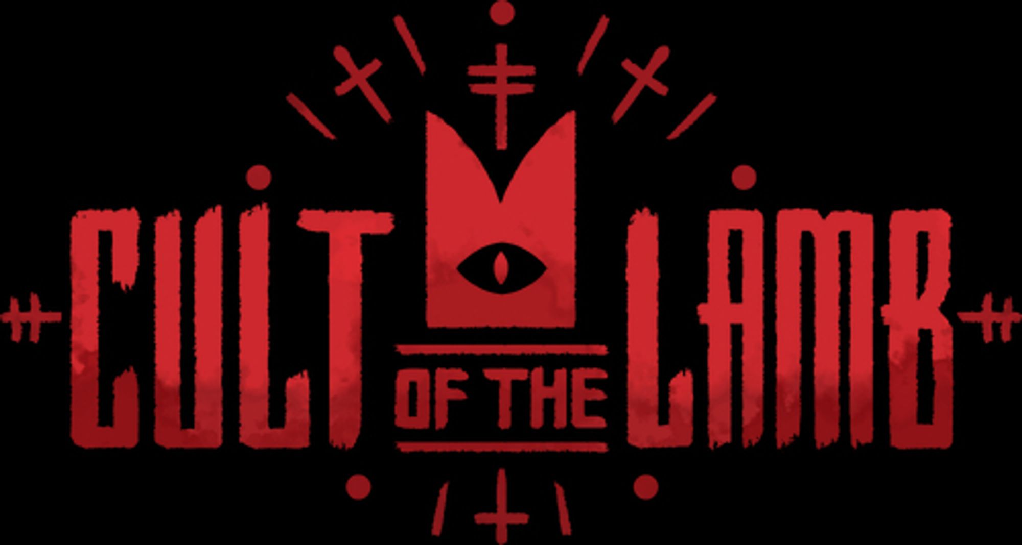 Cult of the Lamb logo in text with a crown that has an eye sitting above it