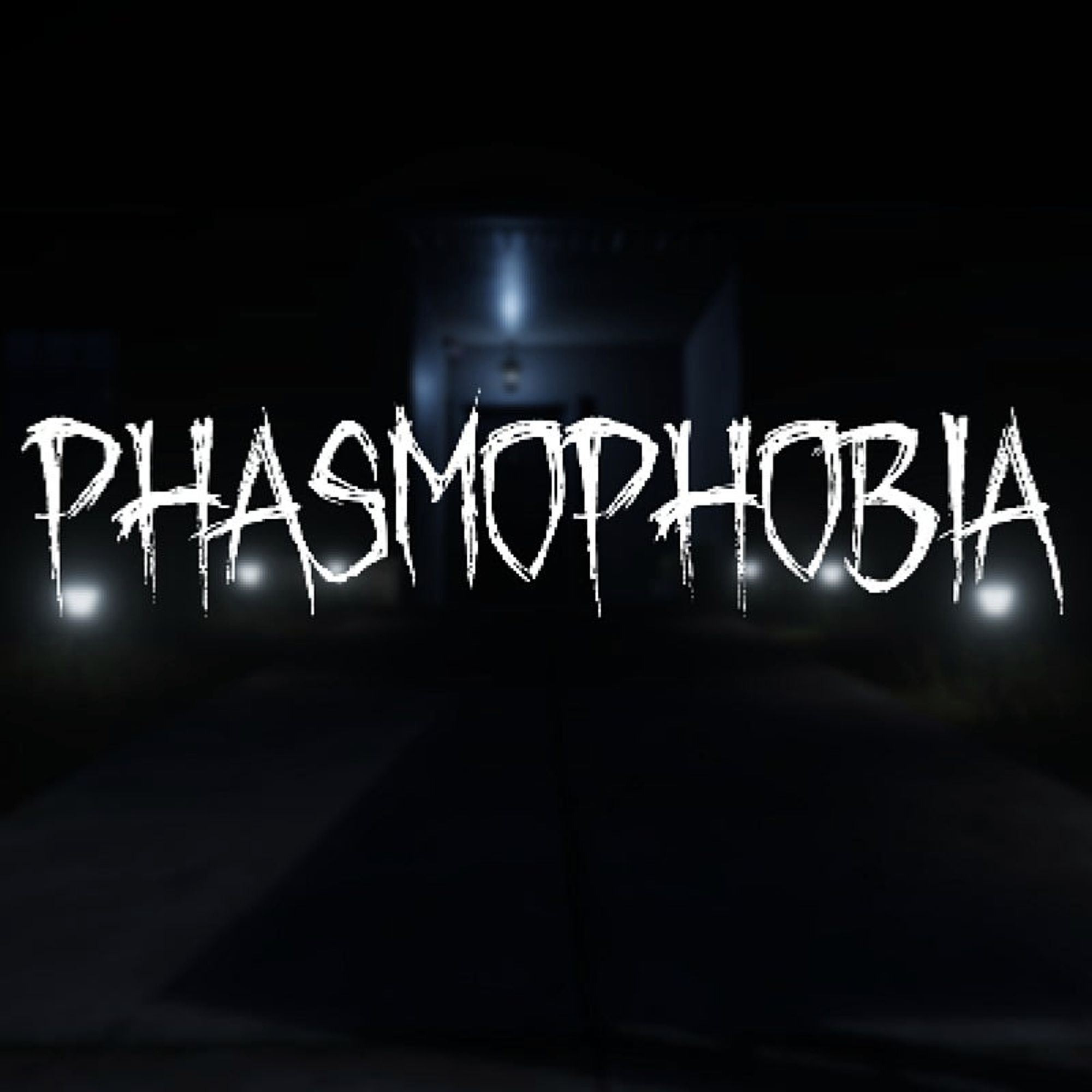 Phasmophobia text logo in front of a very dark entrance to a house