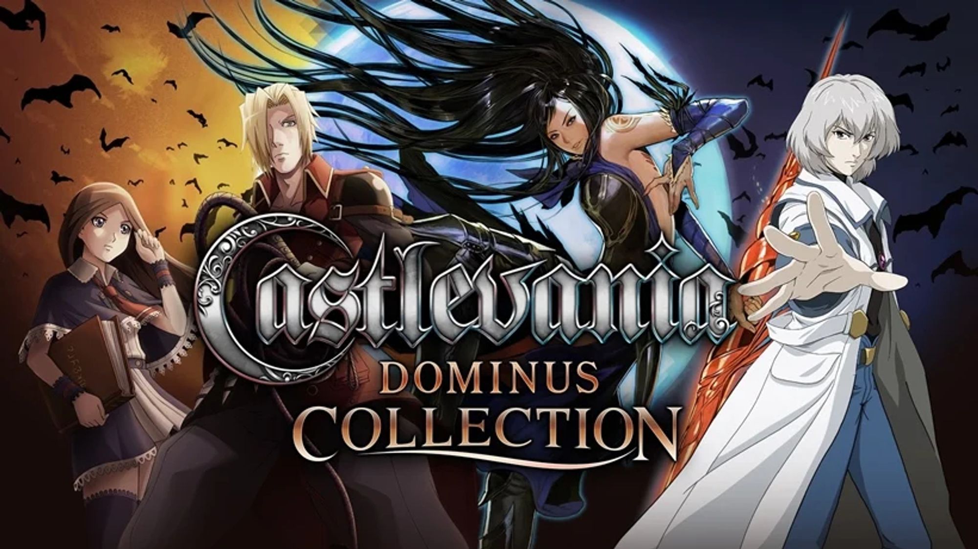 Castlevania Dominus Collection logo in front of the main protagonists of the three games.  Charlotte and Jonathan for Portrait of Ruin, Shanoa for Order of Ecclesia, and Soma for Dawn of Sorrow.