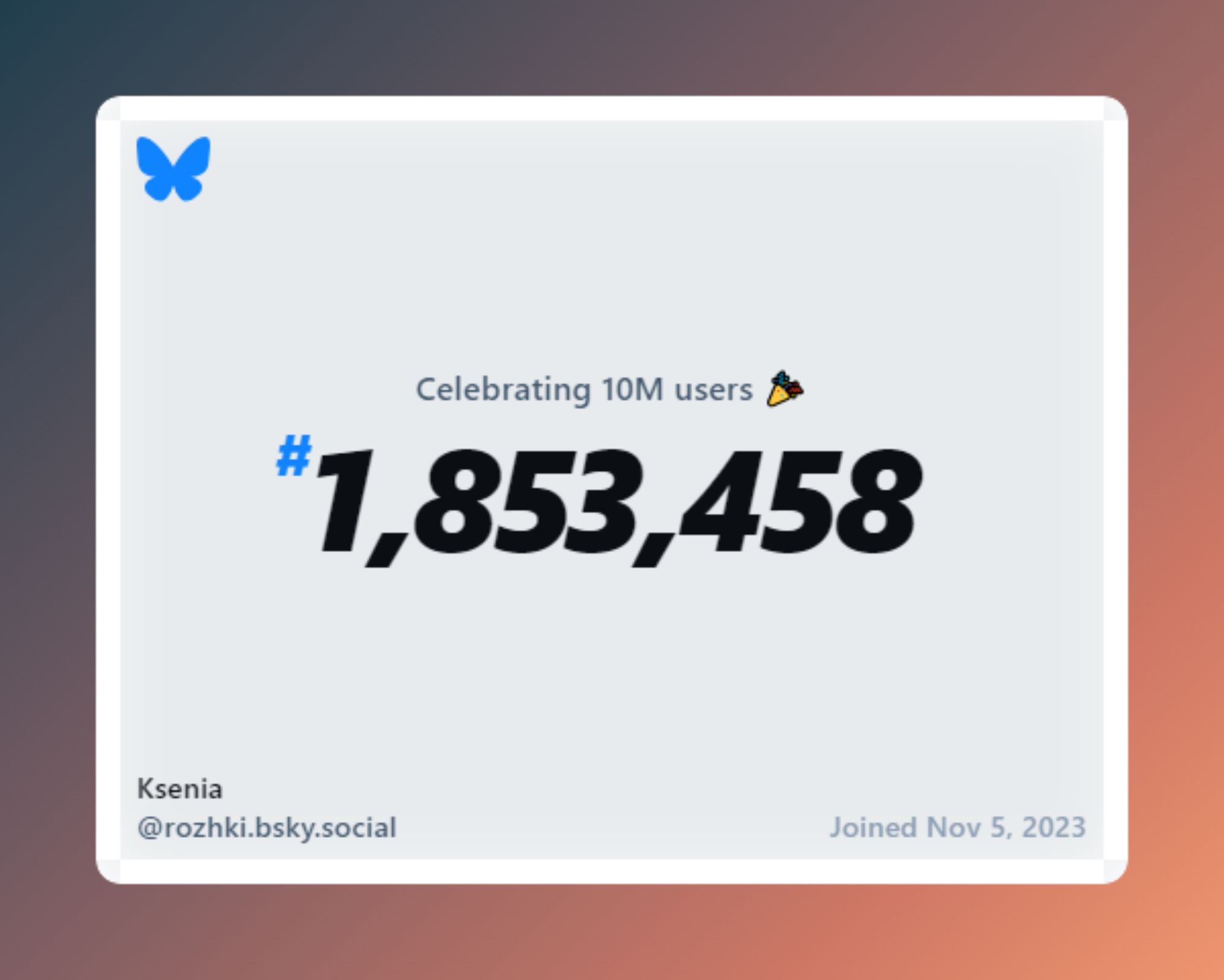 Bluesky achievement badge celebrating 10 million users and telling me I was #1,853,458