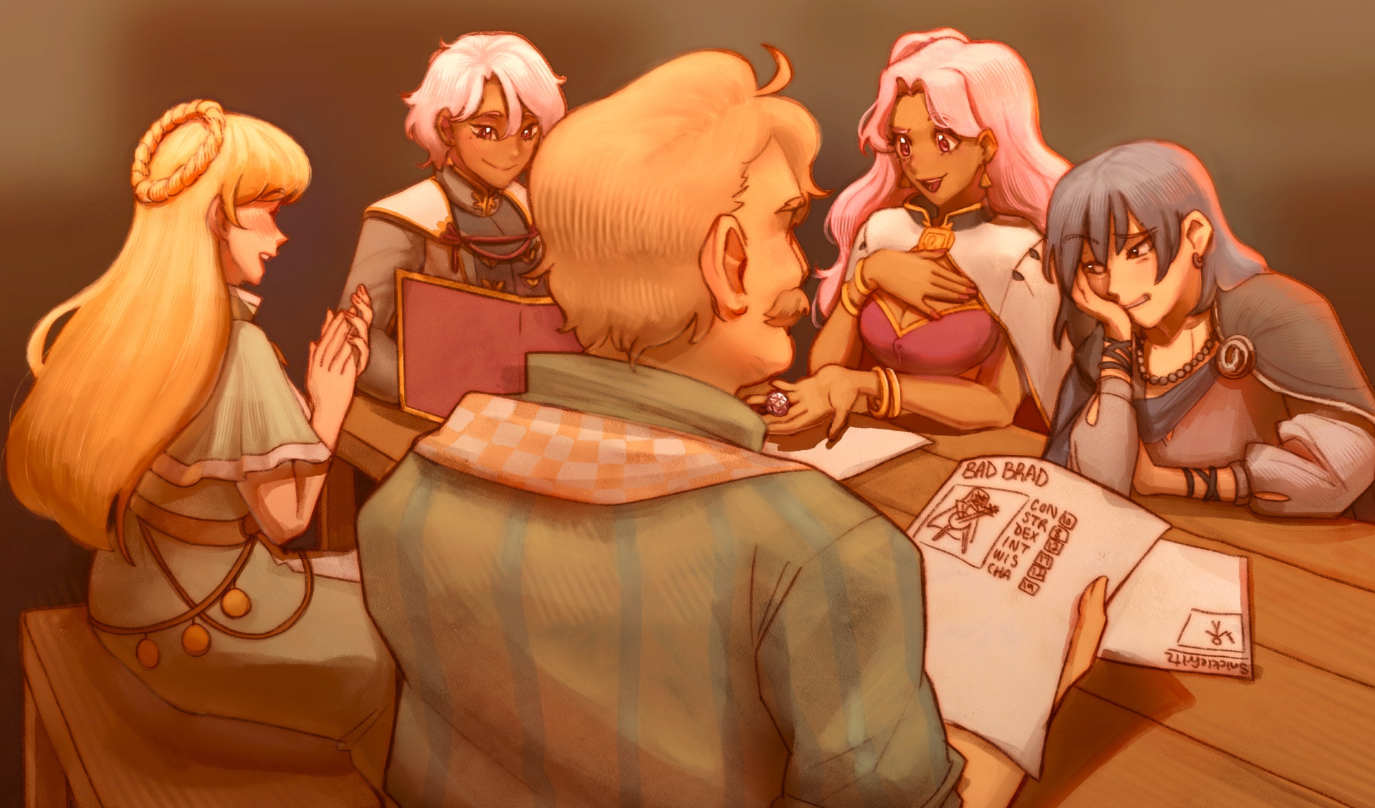 Fanart of Celine, Eiland, Adeline, and Balor from Fields of Mistria playing Dungeons and Drama (a parody on dungeons and dragons) at the Sleeping Dragon Inn.