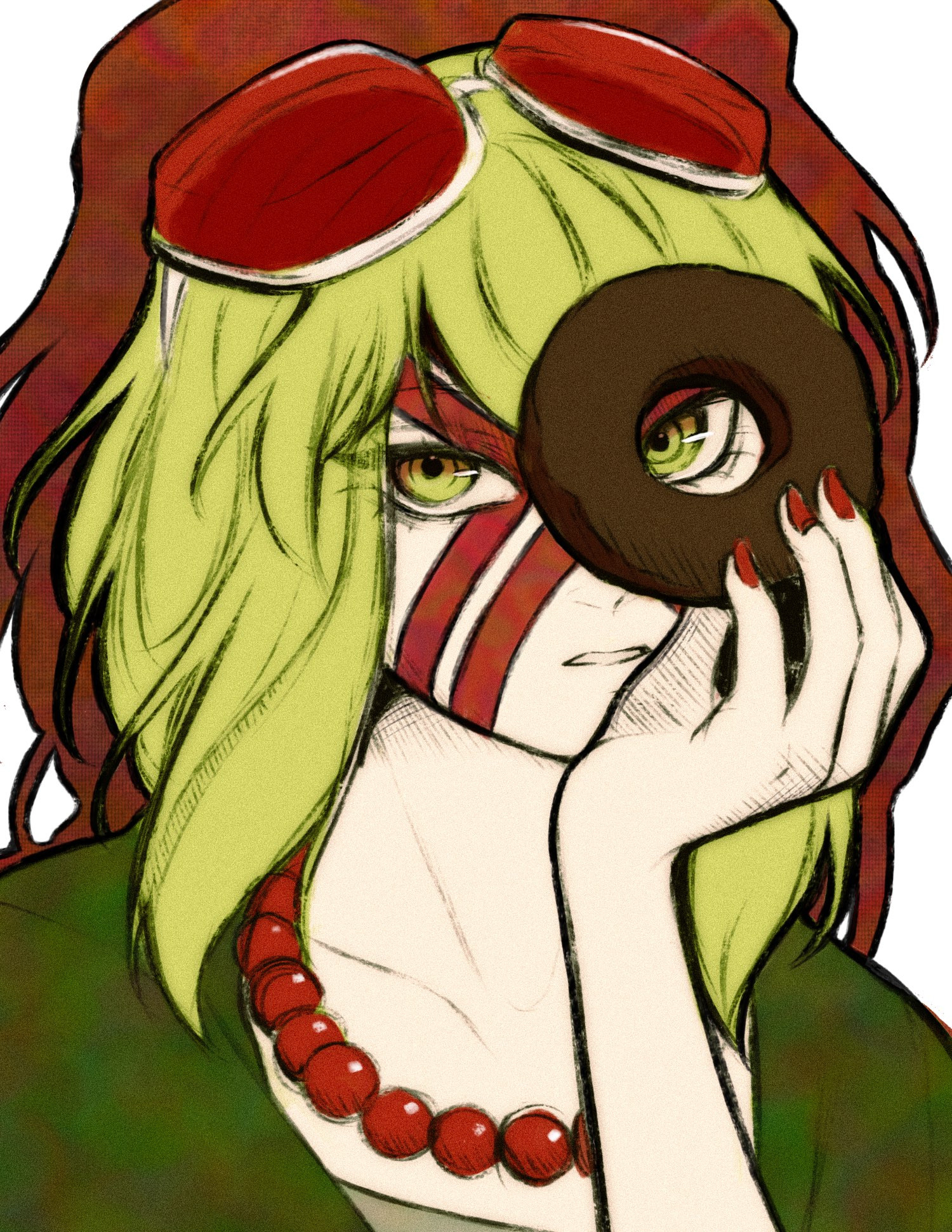 Illustration of the vocaloid and cevio character Megpoid Gumi with her design from Kenshi Yonezu’s original music video for his song Donut Hole