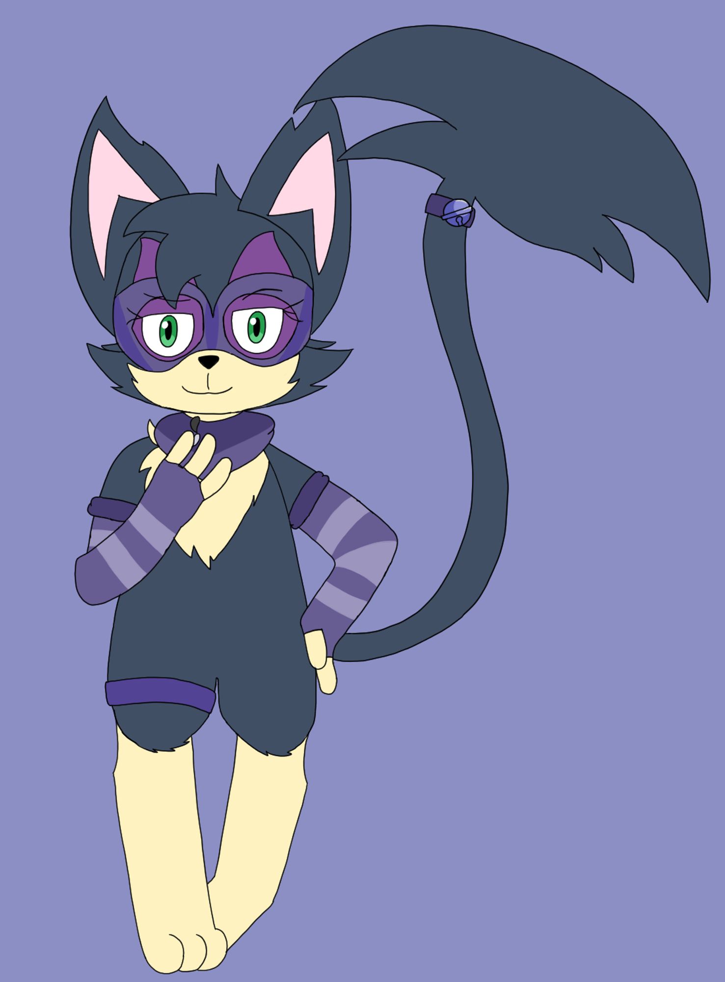 A purrloin standing with a hand against their chest, and other hand against their leg. Wearing a purple mask, scarf and arm bands alongside a leg band.