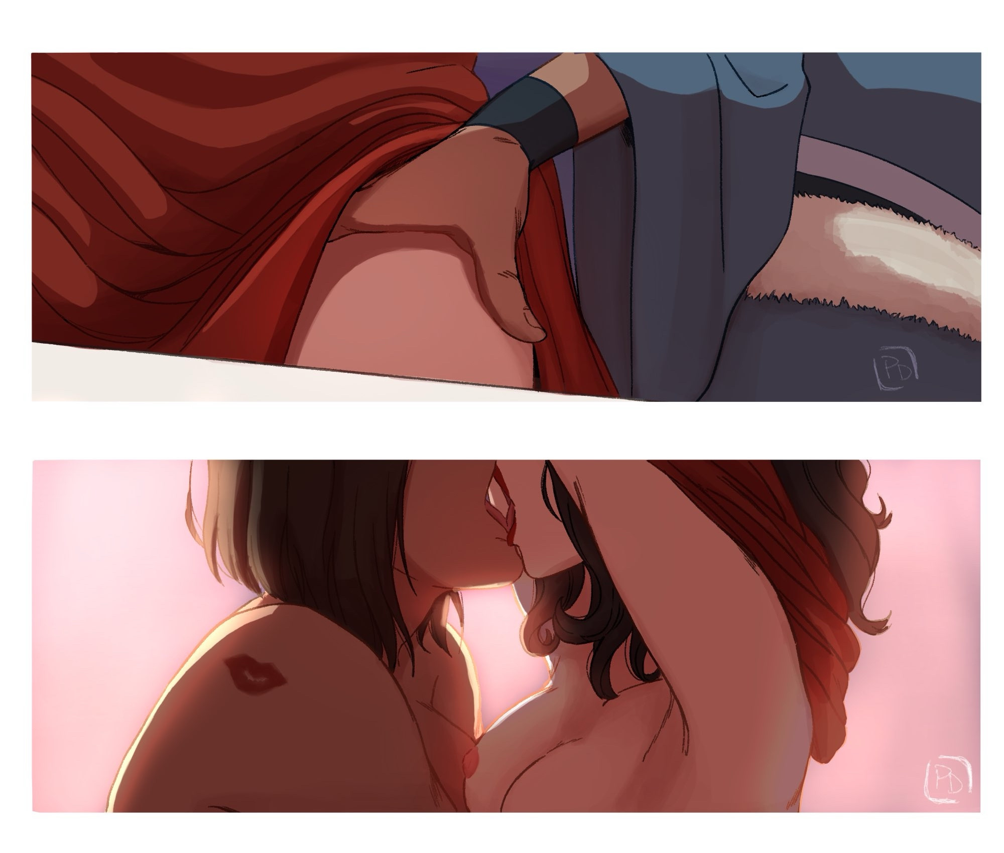 Two panel comic. In the top panel, Korra has her hand up Asami’s thigh. On the bottom panel, Asami has her arms raised, taking her dress off while kissing Korra