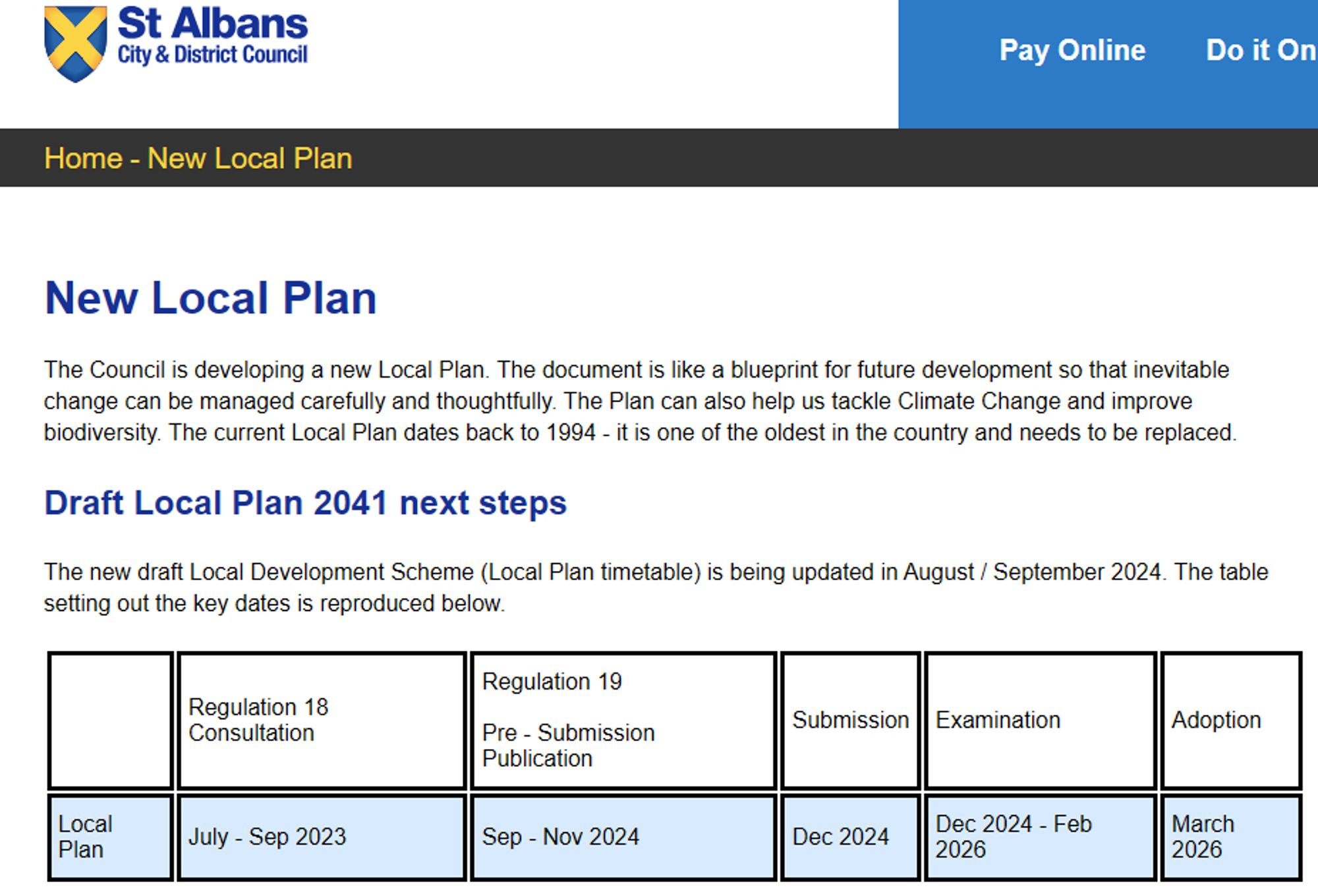 Screenshot of St Albans local plan process