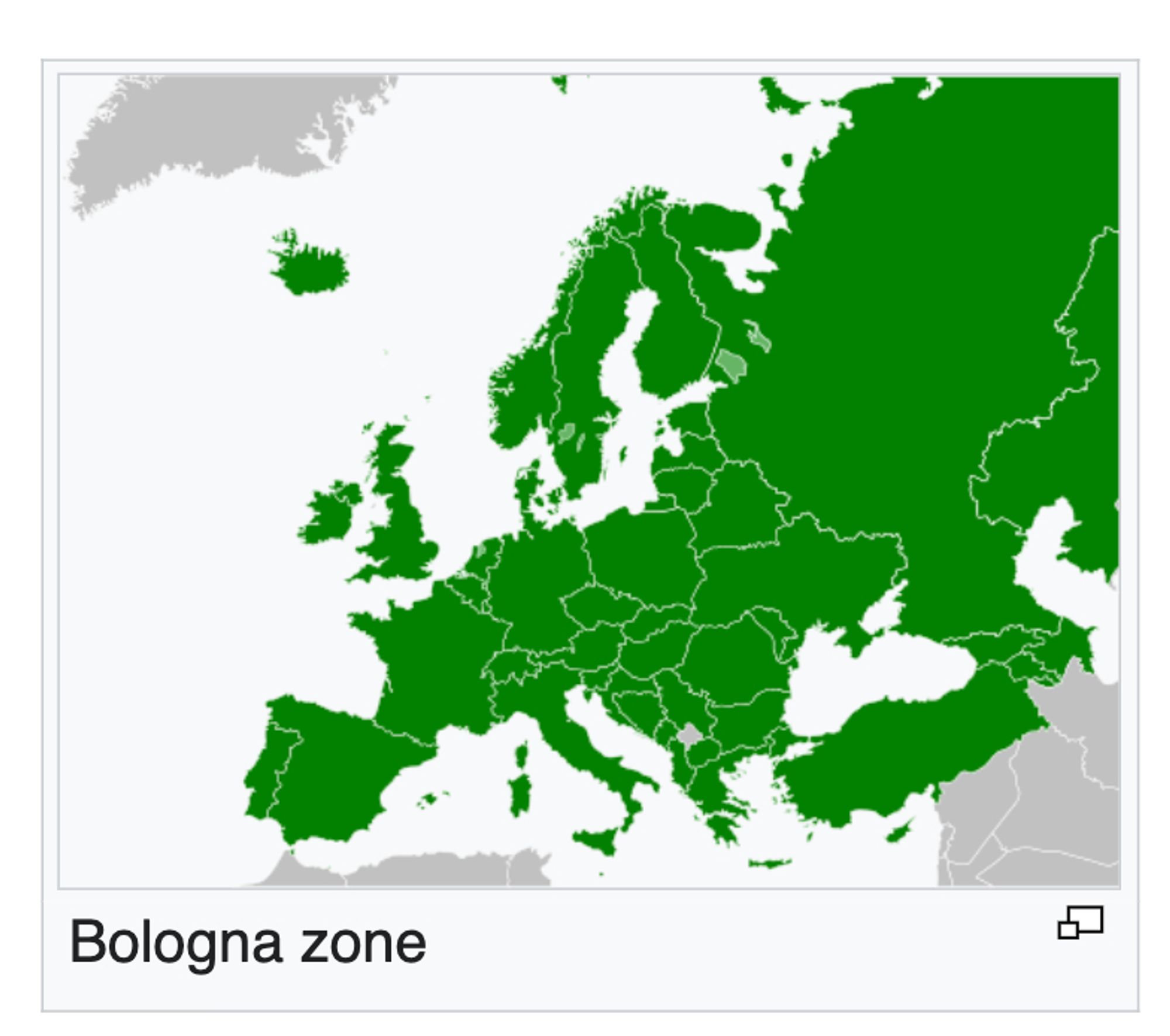 Wikipedia map of Europe labeled "Bologna zone"