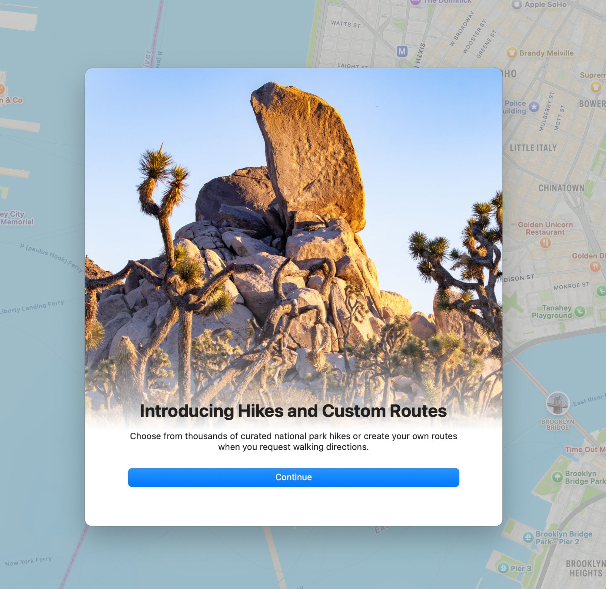 Apple Maps splash modal "introducing hikes"