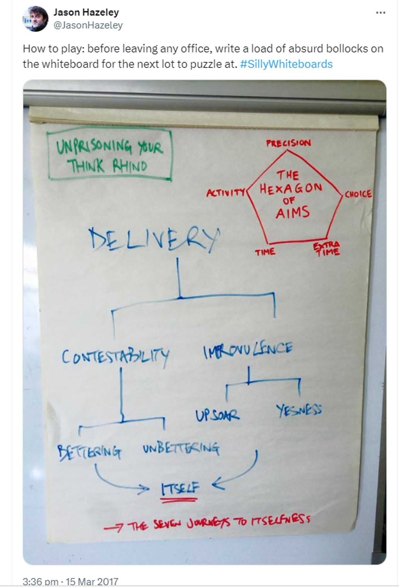 Tweet by Jazon Hazeley: How to play: before leaving any office, write a load of absurd bollocks on the whiteboard for the next lot to puzzle at. #SillyWhiteboards. Followed by a picture of nonsense diagrams on a whiteboard.