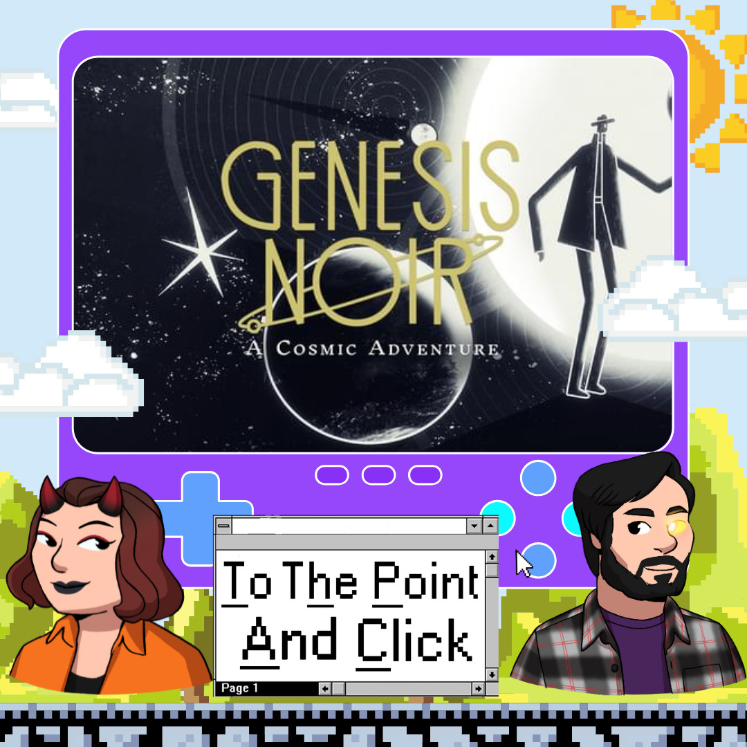 A pixel art graphic featuring the splashy logo of Genesis Noir surrounded by a frame representing an old Gameboy style screen. Avatars of Glory and Ben flank the graphic