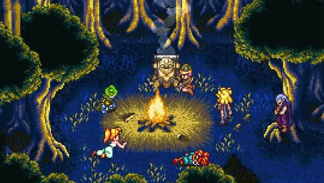 A number of 16-bit rpg characters are laying around a fire in a picturesque forest clearing