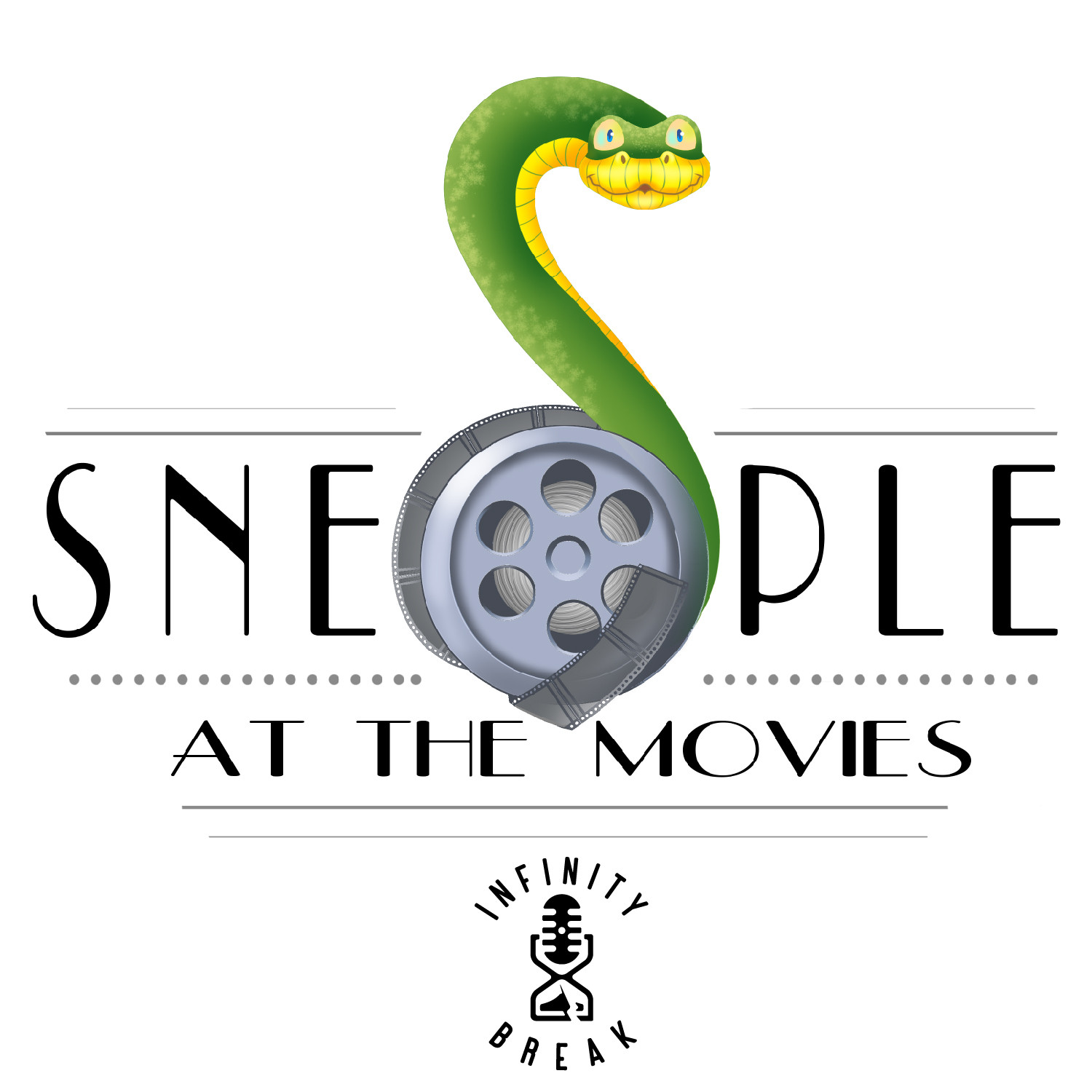 A cartoonish green snake coils around a grey film reel. It's the O in the title of the show: Sneople at the Movies, written in a very old Hollywood font. 