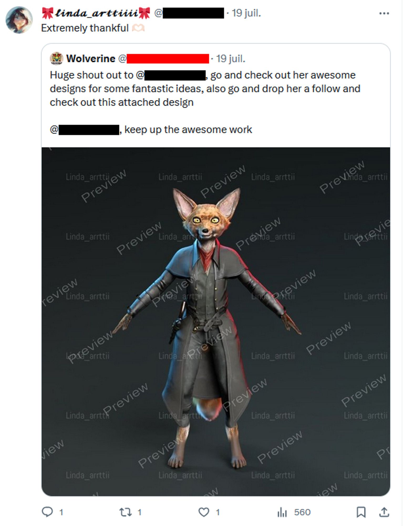 Evidence of the Twitter user "Wolverine" promoting a scam artist. (Note: "Wolverine" is probably unaware he is promoting a scam.)
Piece showcase features a 3D model of an anthropomorphic fox-like creature done in a realistic style.
Scam artist reacted to the shootout saying "Extremely thankful".