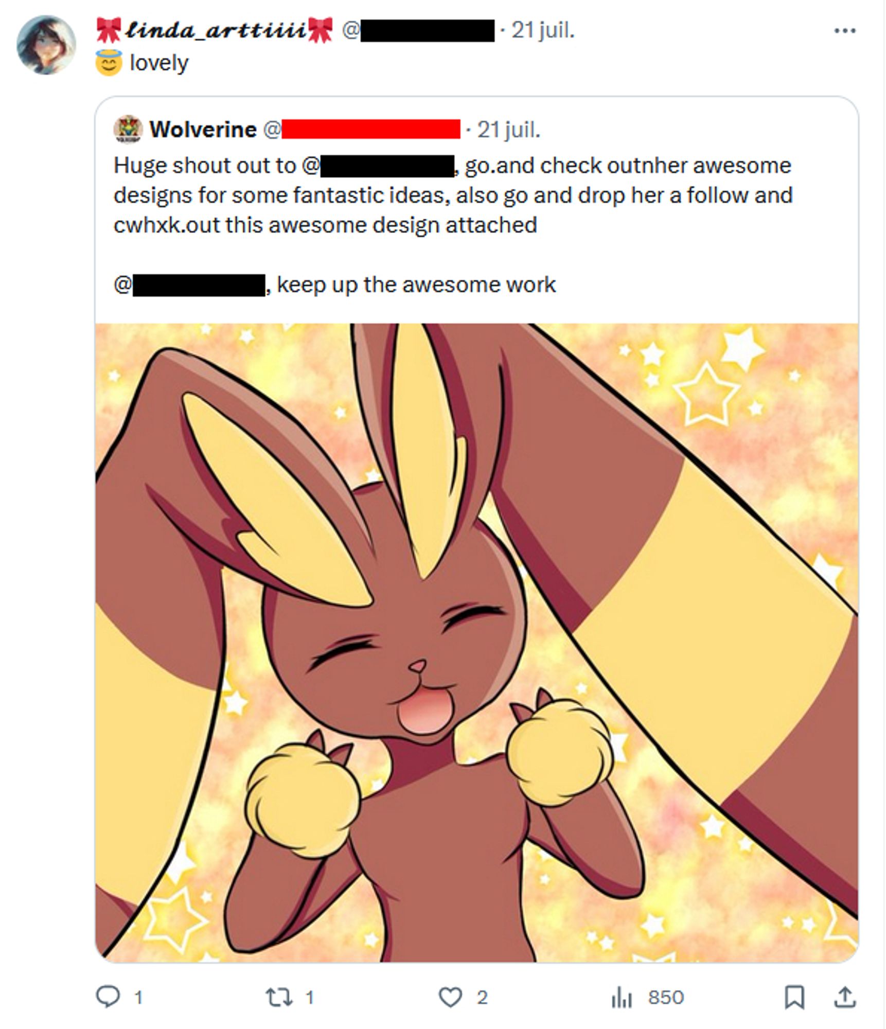 Evidence of the Twitter user "Wolverine" promoting a scam artist. (Note: "Wolverine" is probably unaware he is promoting a scam.)
Piece showcased here is 2D cartoonish drawing of the Pokémon Lopunny with an happy expression.
Scam artist reacted to the shootout saying "lovely".