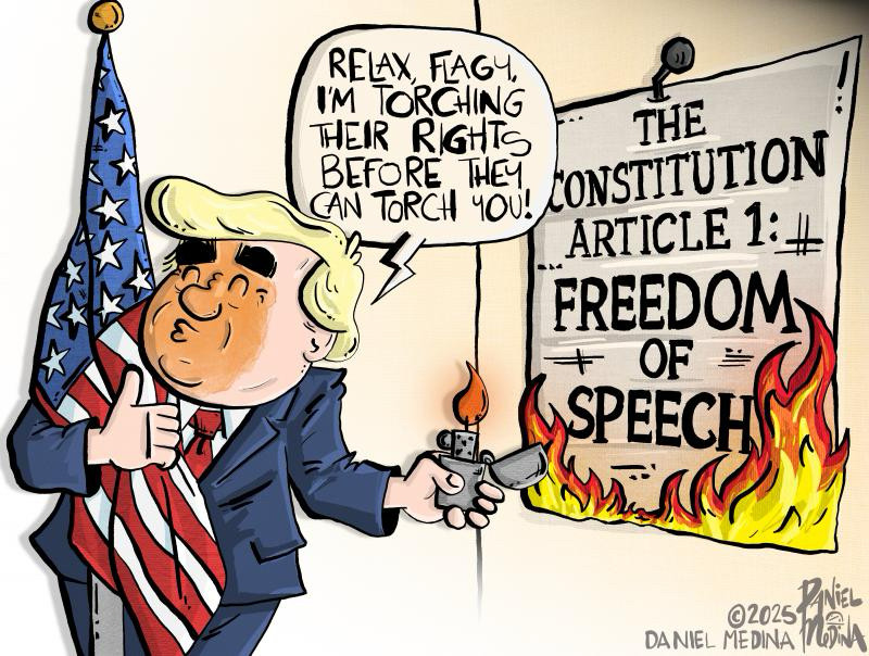This political cartoon, created by Daniel Medina in 2025, features a caricatured depiction of President Donald Trump standing next to an American flag, which he holds protectively in his left hand while giving a thumbs-up. In his right hand, he wields a lit lighter, using it to set ablaze a hanging poster labeled “The Constitution: Article 1: Freedom of Speech,” with the words “Freedom of Speech” prominently engulfed in flames. Trump addresses the flag directly in a speech bubble: “Relax, Flag! I’m torching their rights before they can torch you!”
The illustration employs satire to critique Trump’s recent executive order on flag burning, portraying him as hypocritically undermining First Amendment protections—established by Supreme Court rulings like Texas v. Johnson (1989), which affirm flag desecration as symbolic speech—in an effort to criminalize such acts and “protect” the flag. 0 1 6 The cartoon highlights the irony of restricting free expression to prevent flag desecration, amid Trump’s August 25, 2025, directive to prosecute flag burners with potential one-year jail terms, despite legal experts noting its likely unconstitutionality.

