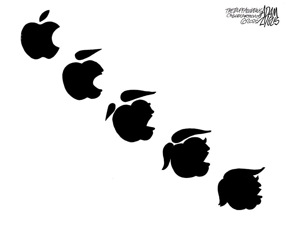 A black-and-white satirical cartoon on a plain white background, depicting the progressive decay of the Apple company logo as it transforms into a silhouette of Donald Trump’s head, symbolizing Apple’s “fall” or moral compromise due to a gift from Tim Cook to Trump that many critics viewed as resembling a bribe to secure tariff exemptions. 2 0 1 Five solid black silhouettes of apples are arranged in a diagonal line descending from top-left to bottom-right, each showing increasing damage as if being eaten or rotting away: the first is the intact Apple logo with a small bite on the right side and a leaf on top; the second has a larger bite; the third is more eroded; the fourth appears partially exploded or flowered open; and the fifth is heavily disintegrated into petal-like fragments that form a caricatured profile of Trump, complete with his distinctive comb-over hairstyle. In the top-right corner, handwritten text reads “The Buffalo News Adam Zyglis Cartoonist /2023/ something,” suggesting a commentary on decline or downfall tied to this controversial gesture—a commemorative glass plaque with a 24k gold base, engraved as a memento of the first US-made Mac Pro, offered amid discussions on trade policies.
