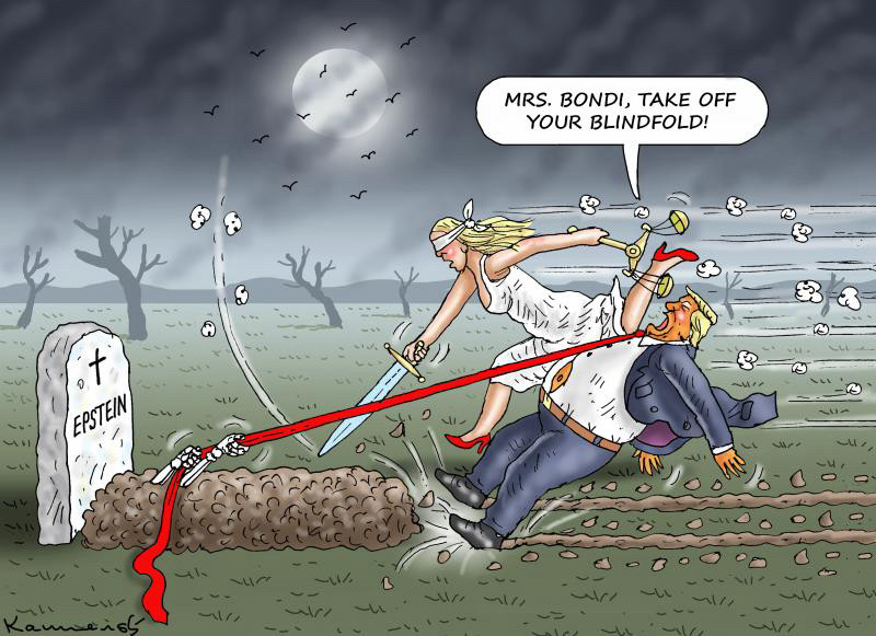 A political cartoon depicting a nighttime scene under a full moon with barren trees and swirling winds. In the foreground, a blindfolded Pam Bondi resembling Lady Justice, dressed in a flowing white gown and red high heels, with long blonde hair, swings a sword aggressively while holding scales in her other hand. The sword is attached to a long red string held by a skeletal hand emerging from a grave marked with a headstone labeled “Epstein.” The string pulls the sword toward Donald Trump, who is falling backward in shock on the grassy ground, wearing a blue suit, white shirt, red tie, and with orange hair; he shouts in a speech bubble, “Mrs. Bondi, take off your blindfold!” The overall composition is dynamic and stormy, with flying debris and a dark, ominous atmosphere.
