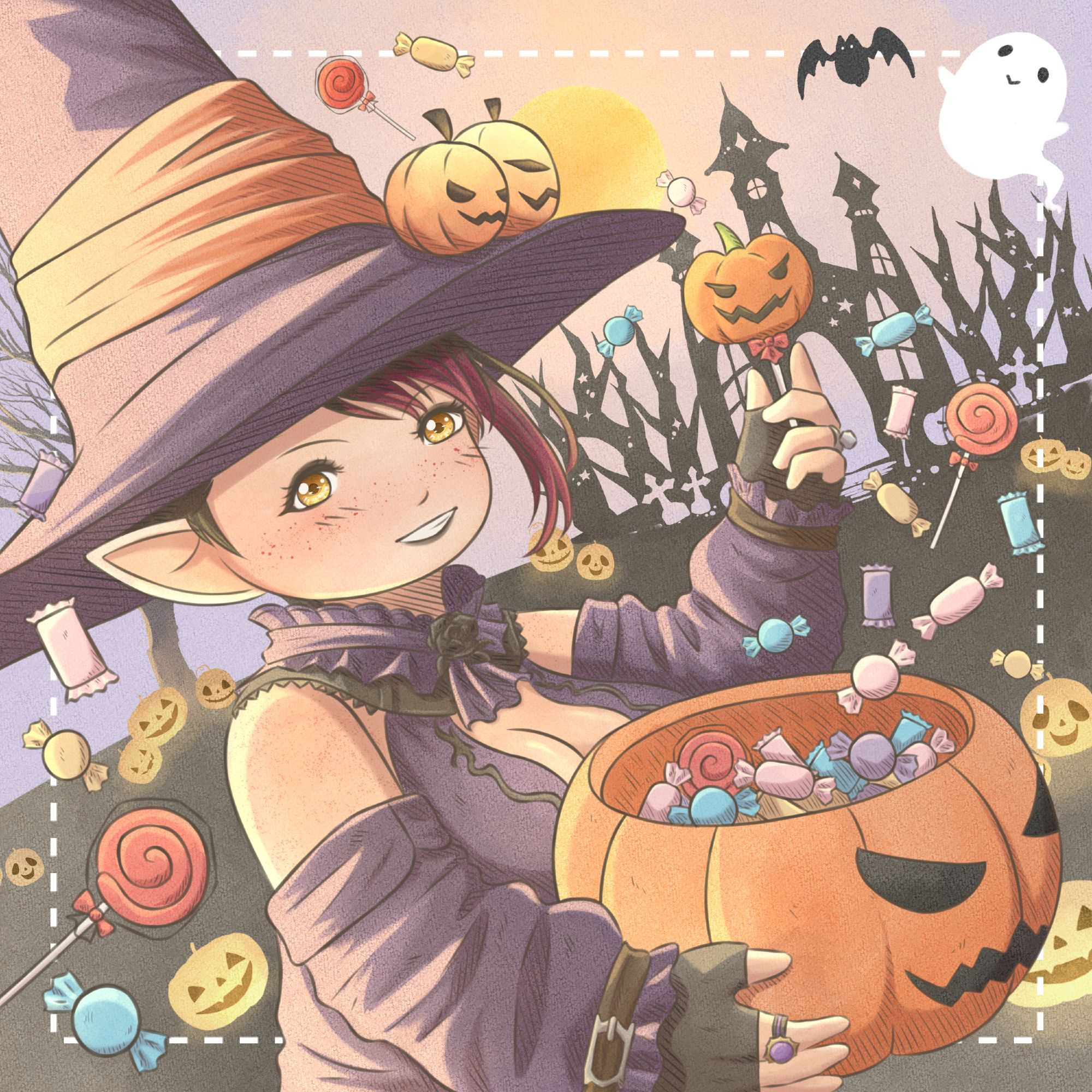 Lalafell woman in a witch costume holding a halloween pumpkin full of candy with candy raining around her. Spooky castle and graveyard as a background.