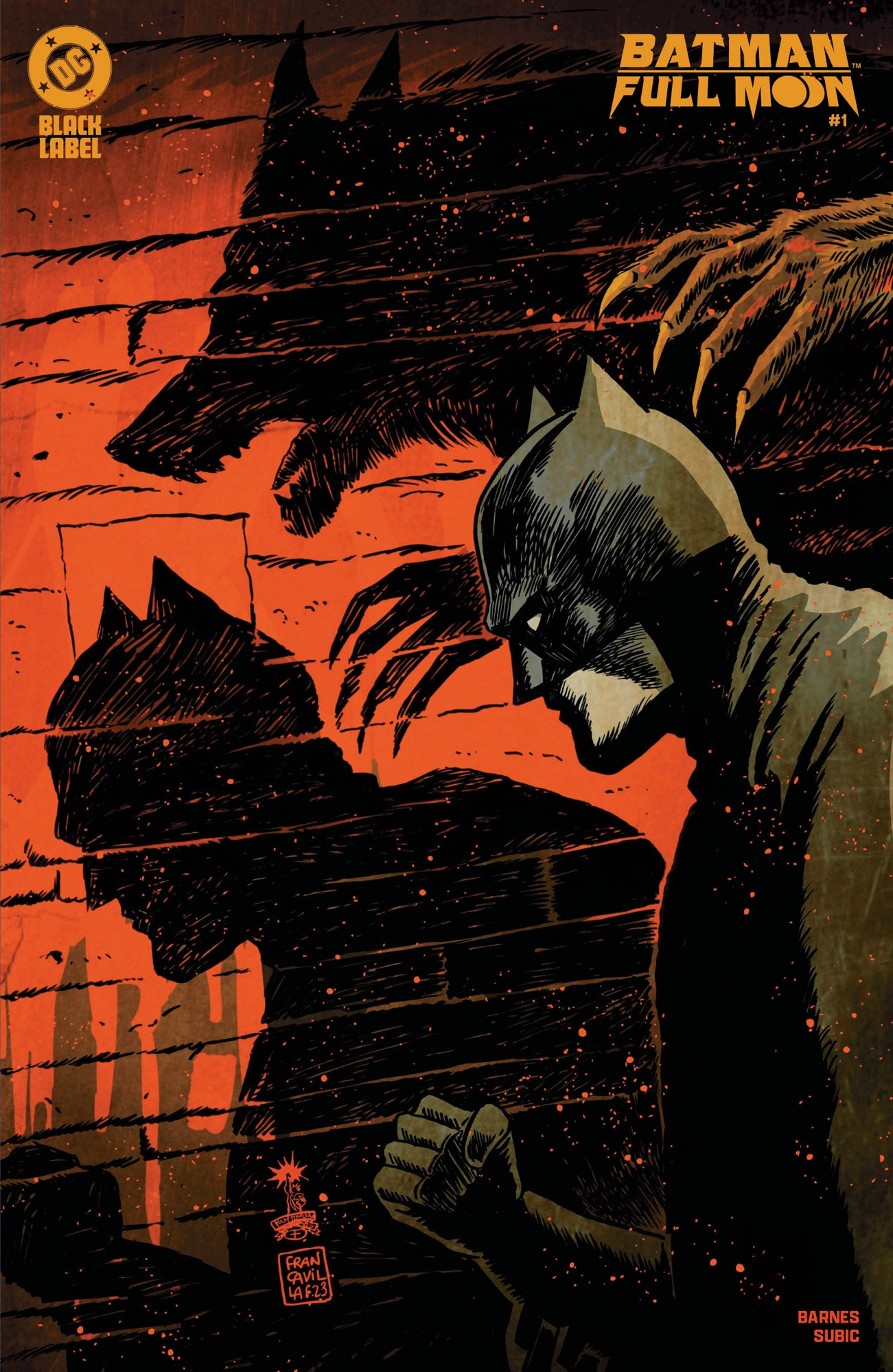 Batman investigating in a back alley - we see hi shadow on a wall but we also see the shadow of a werewolf looming over him 