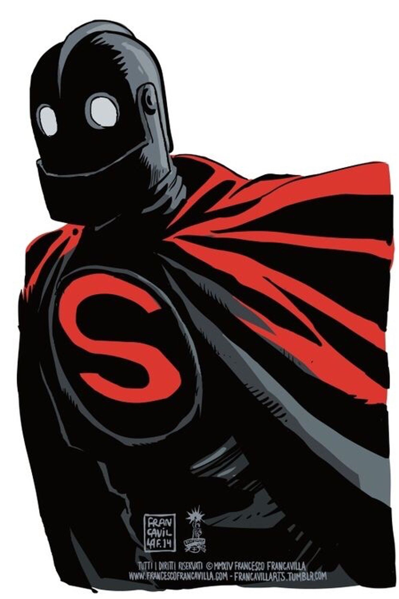 The iron giant dressed as Superman with giant S on the chest and a red cape