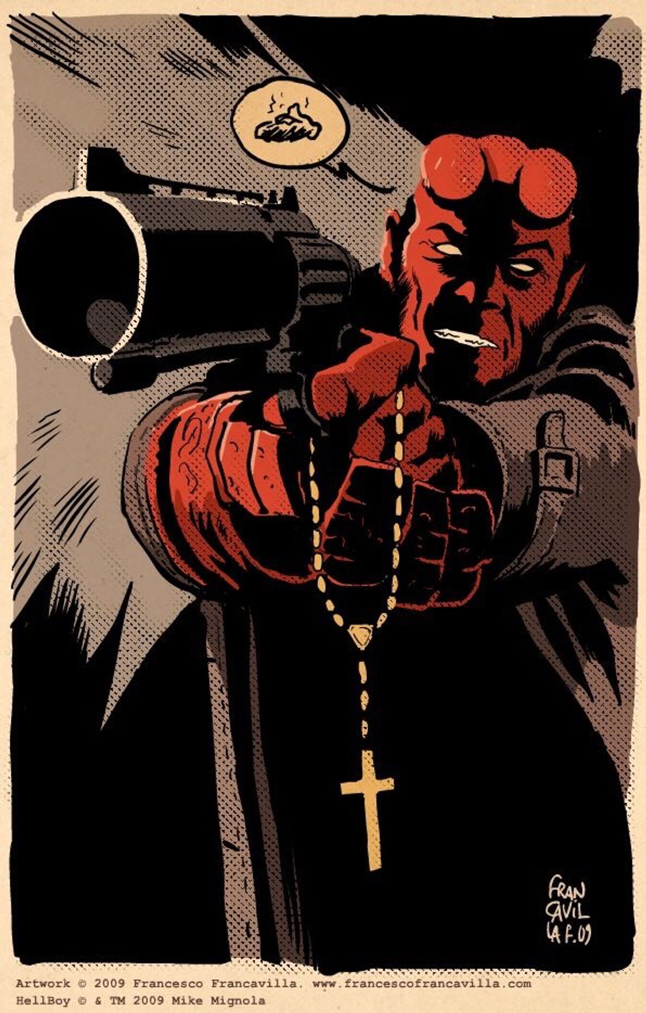 Hellboy with gun drawn, a rosary and the 💩 balloon