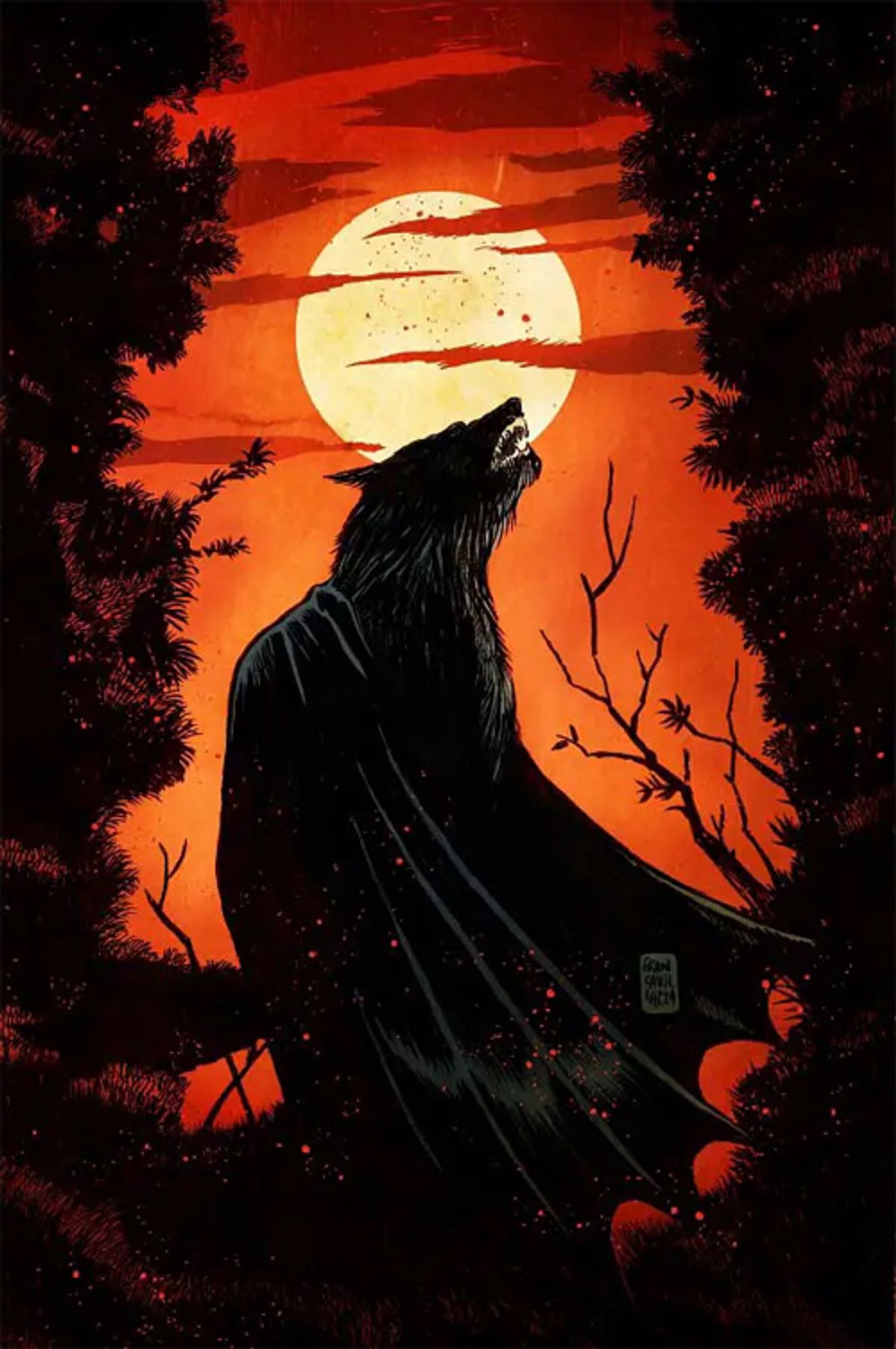 A werewolf in the moonlight in the woods wearing the bat cape