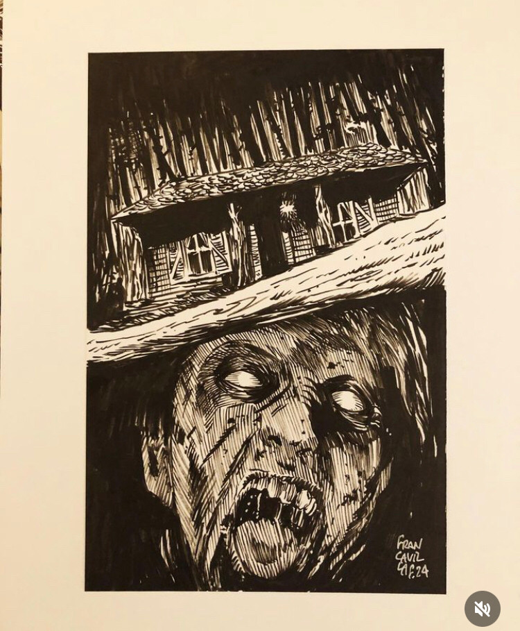 Split illustration: in top is the cabin in the woods where the movie evil dead takes place- at the bottom a close up of the deadite, the demonic zombies in the movie.