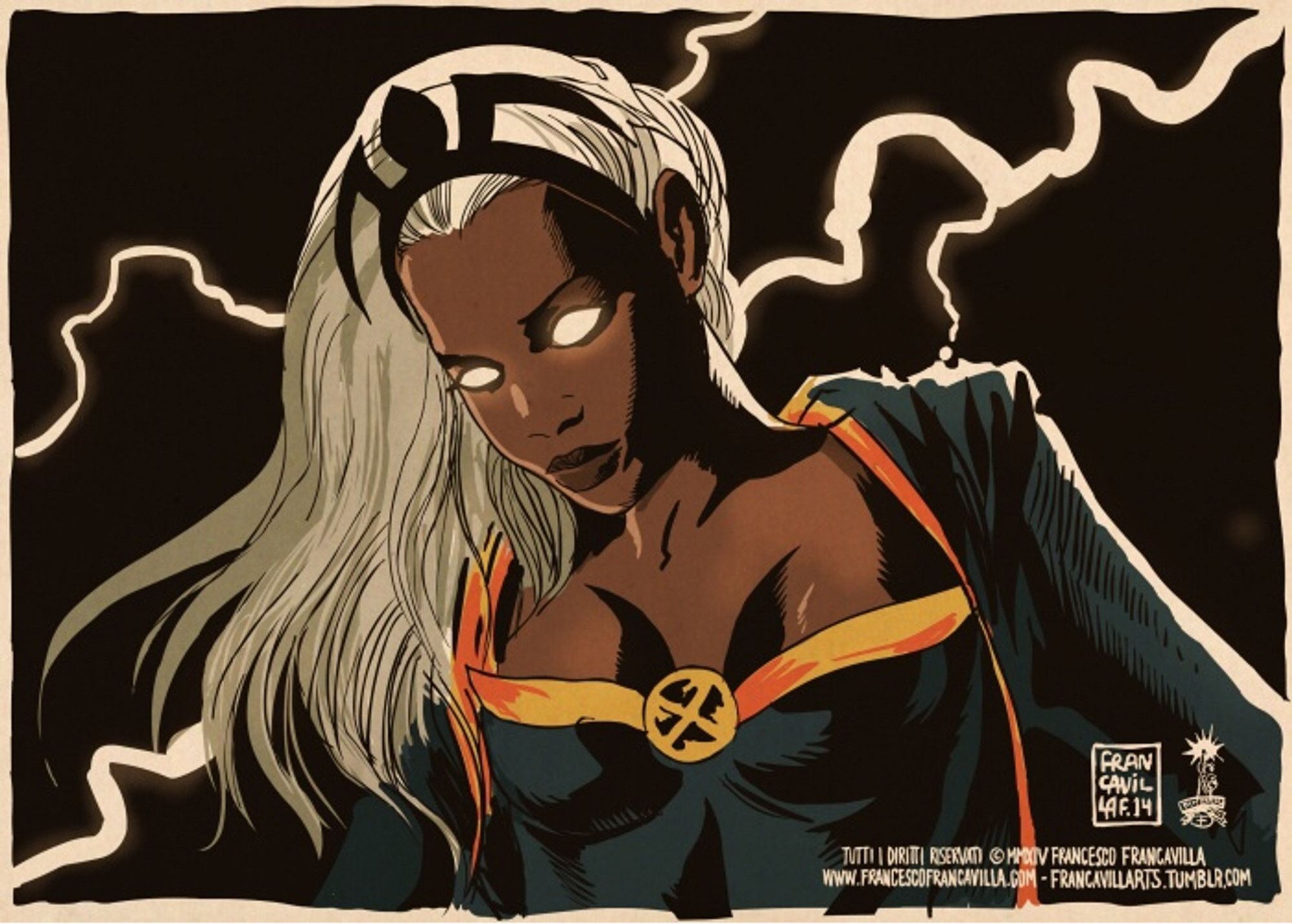 A drawing of Storm from the X-Men with a lightening behind her