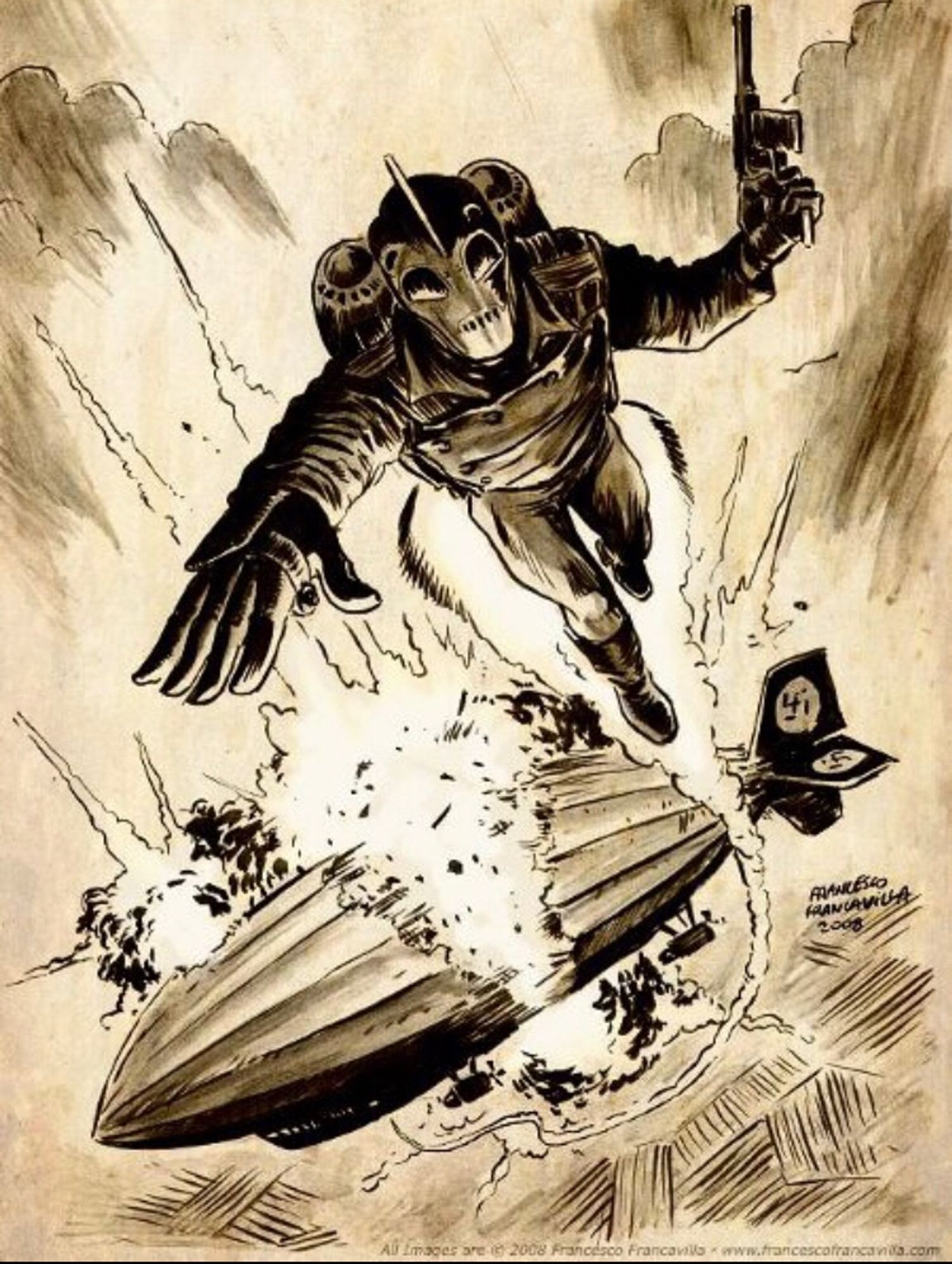 The Rocketeer flying away from an exploding nazi zeppelin