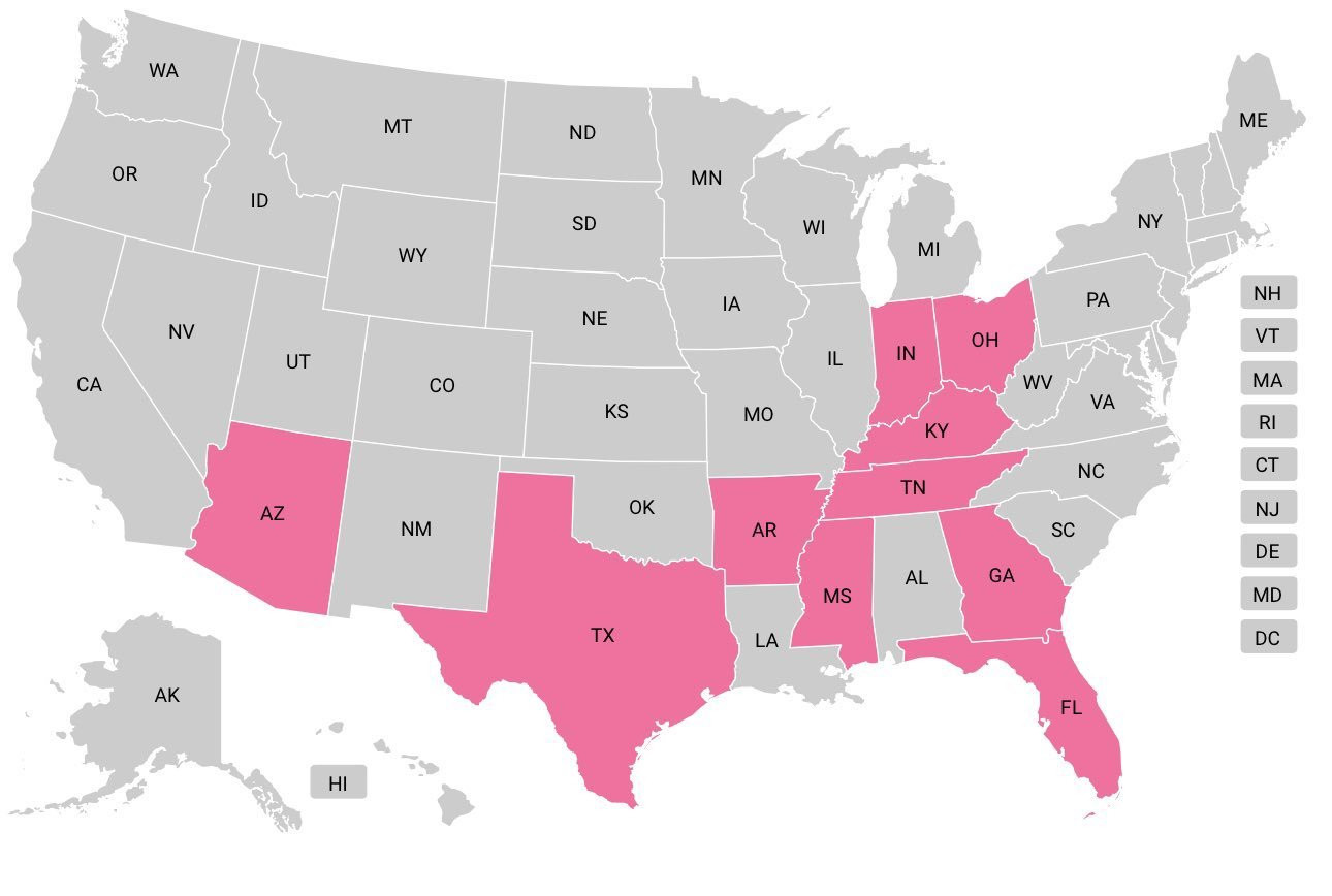 US map with the 10 states highlighted