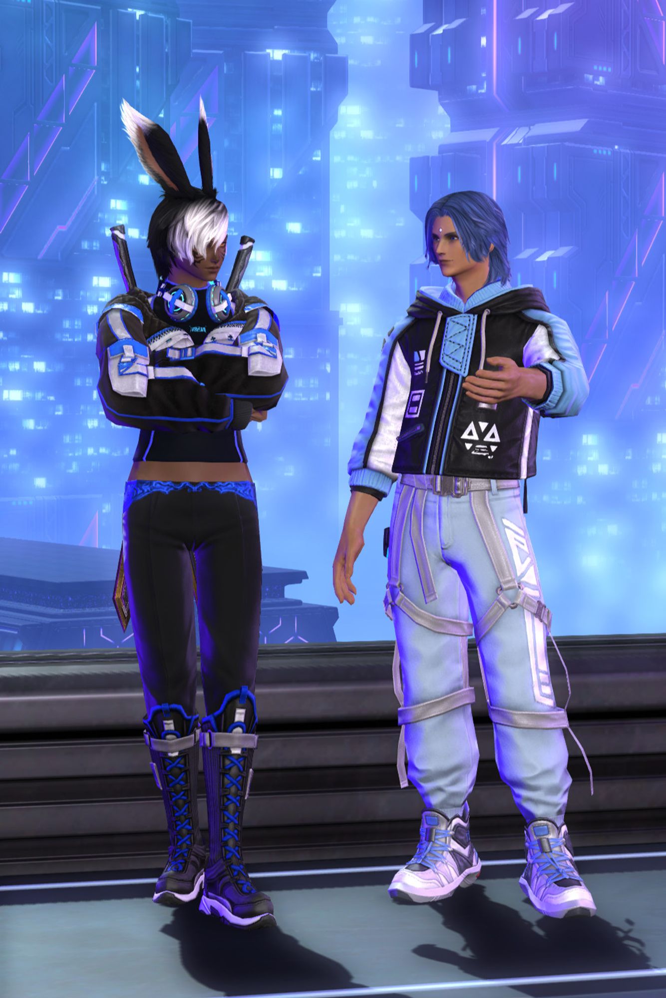 a viera and jullus from ffxiv wearing blue techwear posing in solution nine