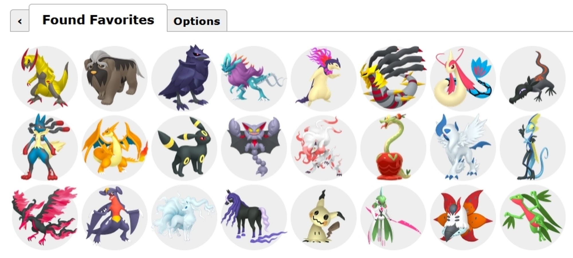 A list of favorite pokemon found by a picking algorithm. In order: haxorus, mabosstiff, corviknight, walking wake, hisuian typhlosion, giratina origin form, milotic, salandit, mega lucario, mega charizard Y, umbreon, gliscor, hisuian zoroark, hydrapple, mega absol, inteleon, galarian moltres, garchomp, alolan ninetales, spectrier, mimikyu, iron valiant, volcarona and grovyle