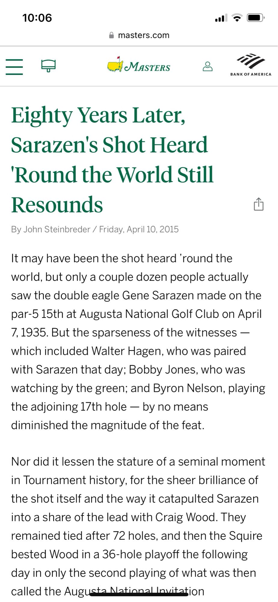 An article from The Masters golf tournament website about a famous shot by Gene Sarazen where he holed out for a 2 on a par 5, commonly referred to as “the shot heard ‘round the world”