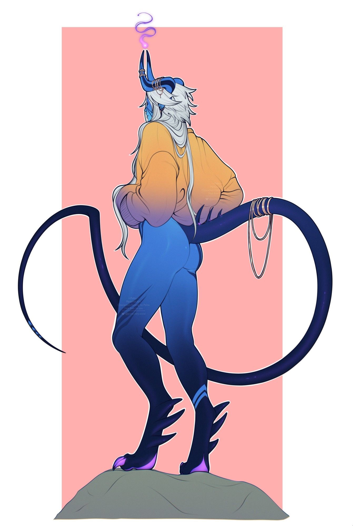 Digital fullbody piece with flat colors of a blue skinned incubus. His back is turned to the viewer with a clear view of his booty. He has long silver hair, horns that start at the back of his head and then bend forward, while a purple flame is between the horns. He is wearing a yellow sweater with a soft gradient, the sweater is pulled up so the booty is better visible. His long dark blue tail is decorated with jewelry, same for his horns and ears.