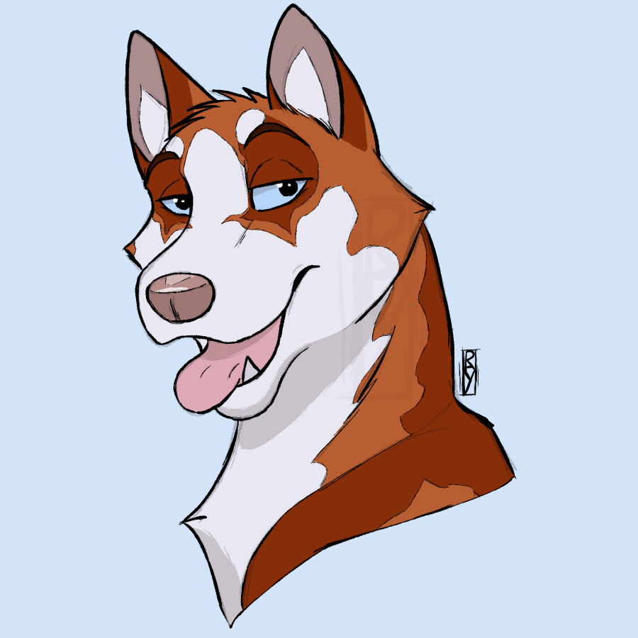 Bust drawing of a siberian husky, who has eyes half closed, mouth open and tongue out: it's funny, a bit flirty expression.