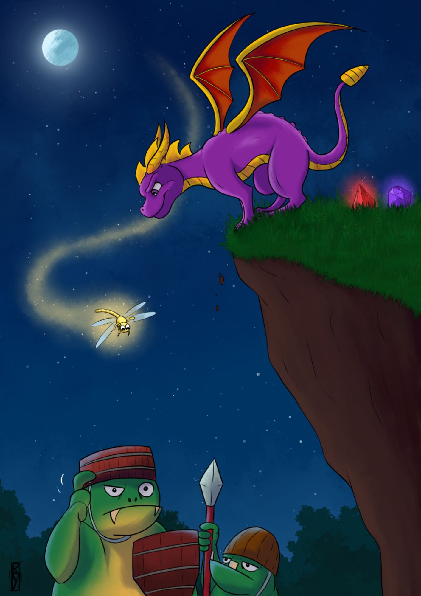 It's night, and Spyro the Dragon stands on the cliff, looking down at two gnorcs, who are totally oblivious about the danger from above. Sparx the dragonfly flies above them.