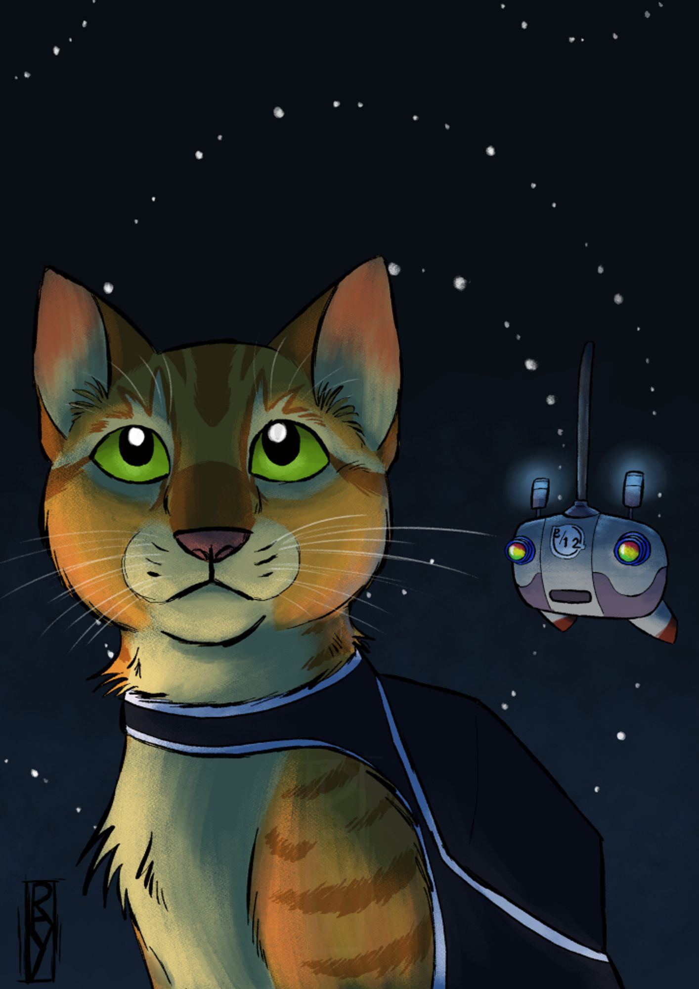 The orange cat from the game called Stray with their flying robot friend.