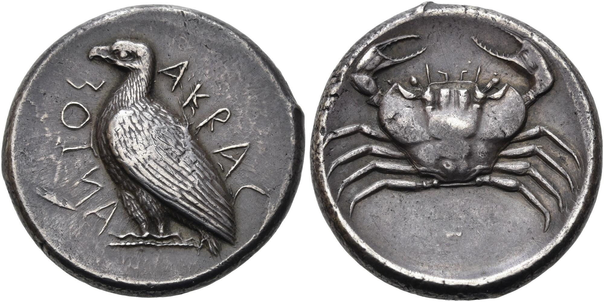 Eagle / crab Akragas Tetradrachm Ex Münchner Sammlung AO; ex Auktion Hess-Leu, Luzern 2.4.1958, 47; Lagerbestand bei Jacob Hirsch (New York) 1952 (ex de Ciccio); Ex Naville Ars Classica 14, Genf 1929, 81; Ex Naville 1 (Pozzi), Luzern 1921, 376