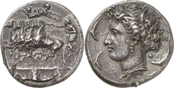 Syracuse dekadrachm engraved by Euainetos, Arethusa / Quadriga crowned by Victory, Hirsch VII (1902), 131 and collection Pozzi, Naville I (1921), 617