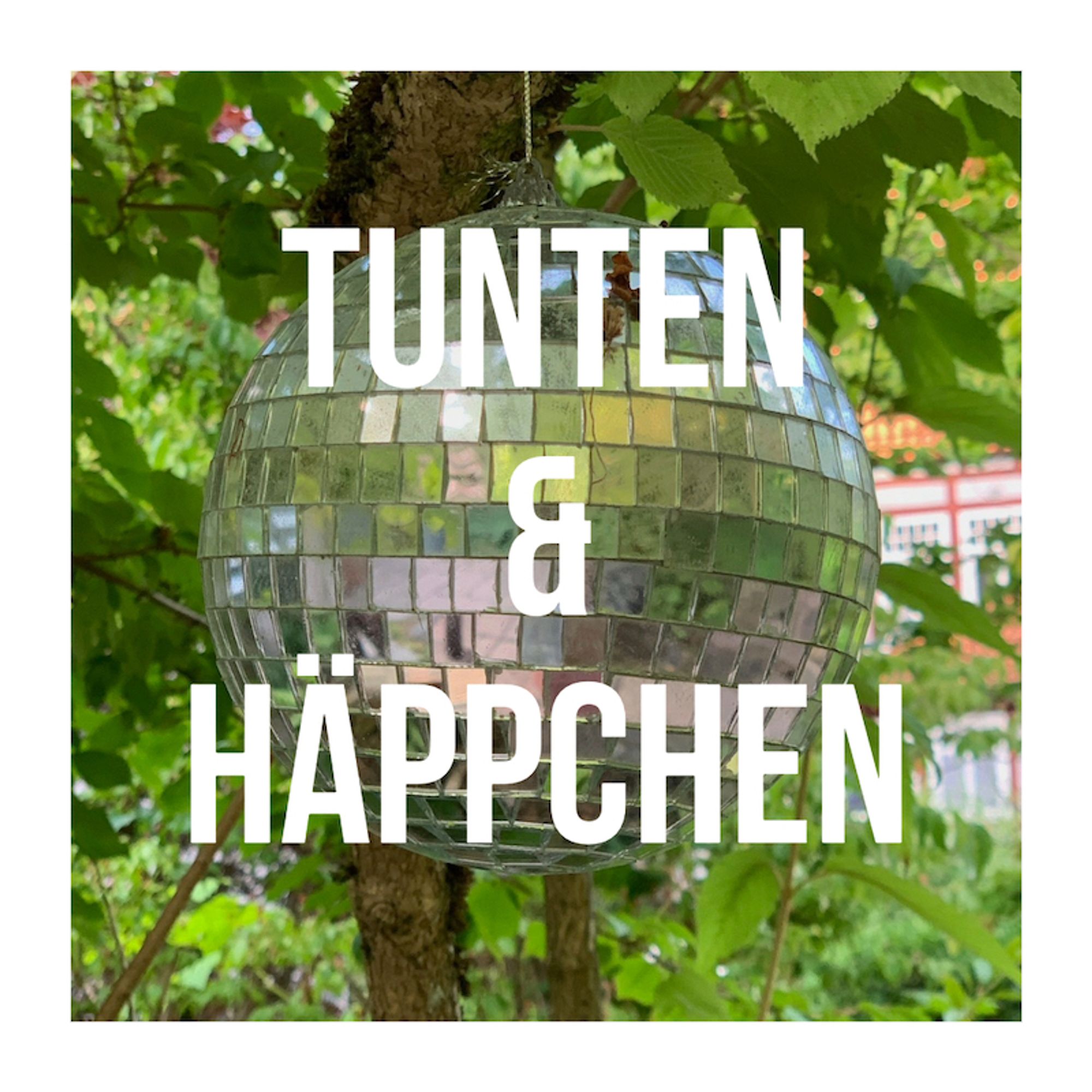 Text in weißer Schrift "Tunten & Häppchen" vor Foto, das eine in einem Baum hängende Discokugel und im Hintergrund das Waldschlösschen zeigt