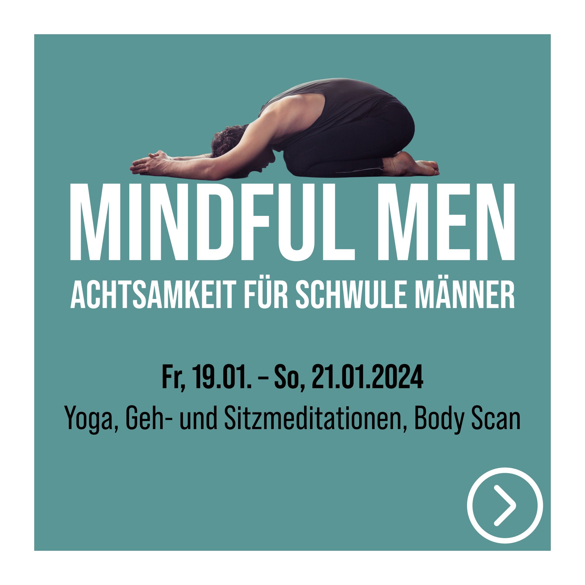 Text: Achtsamkeit für schwule Männer; Bild: Mann in Yogapose