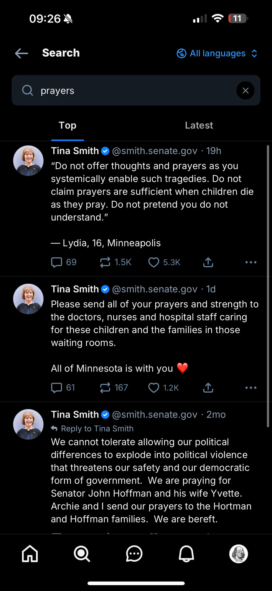 Tina Smith post search looking for “prayers”