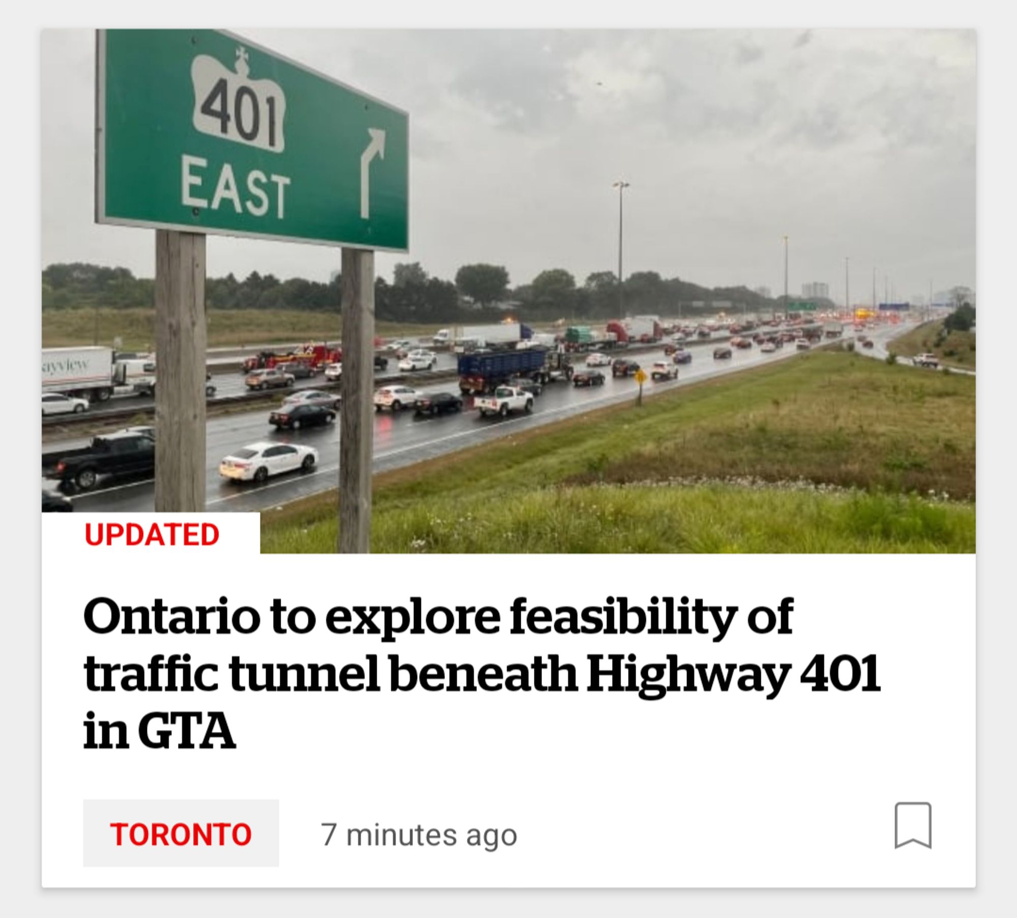 News headline: Ontario to explore feasibility of traffic tunnel beneath Highway 401 in GTA